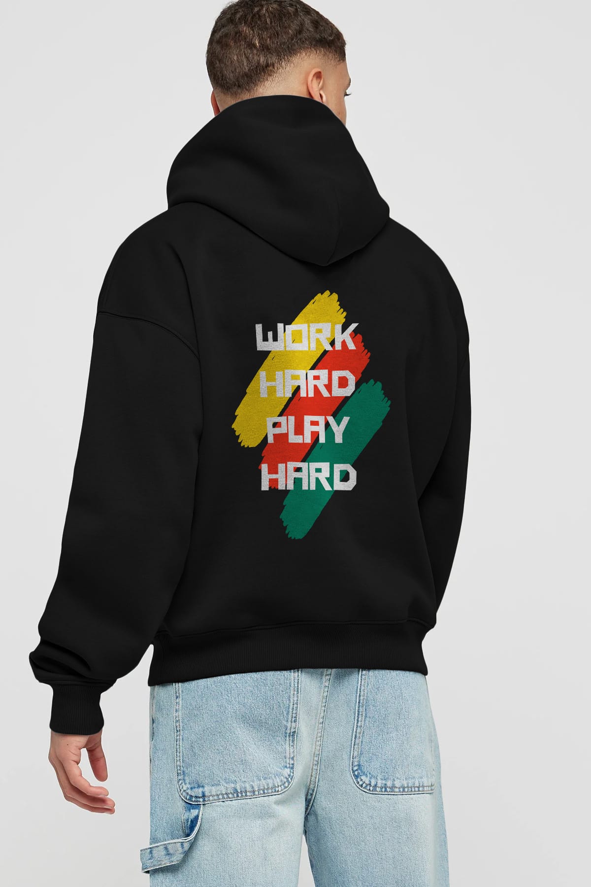 Work Hard Play Hard 2 Arka Baskılı Oversize Hoodie Kapüşonlu Sweatshirt Erkek Kadın Unisex
