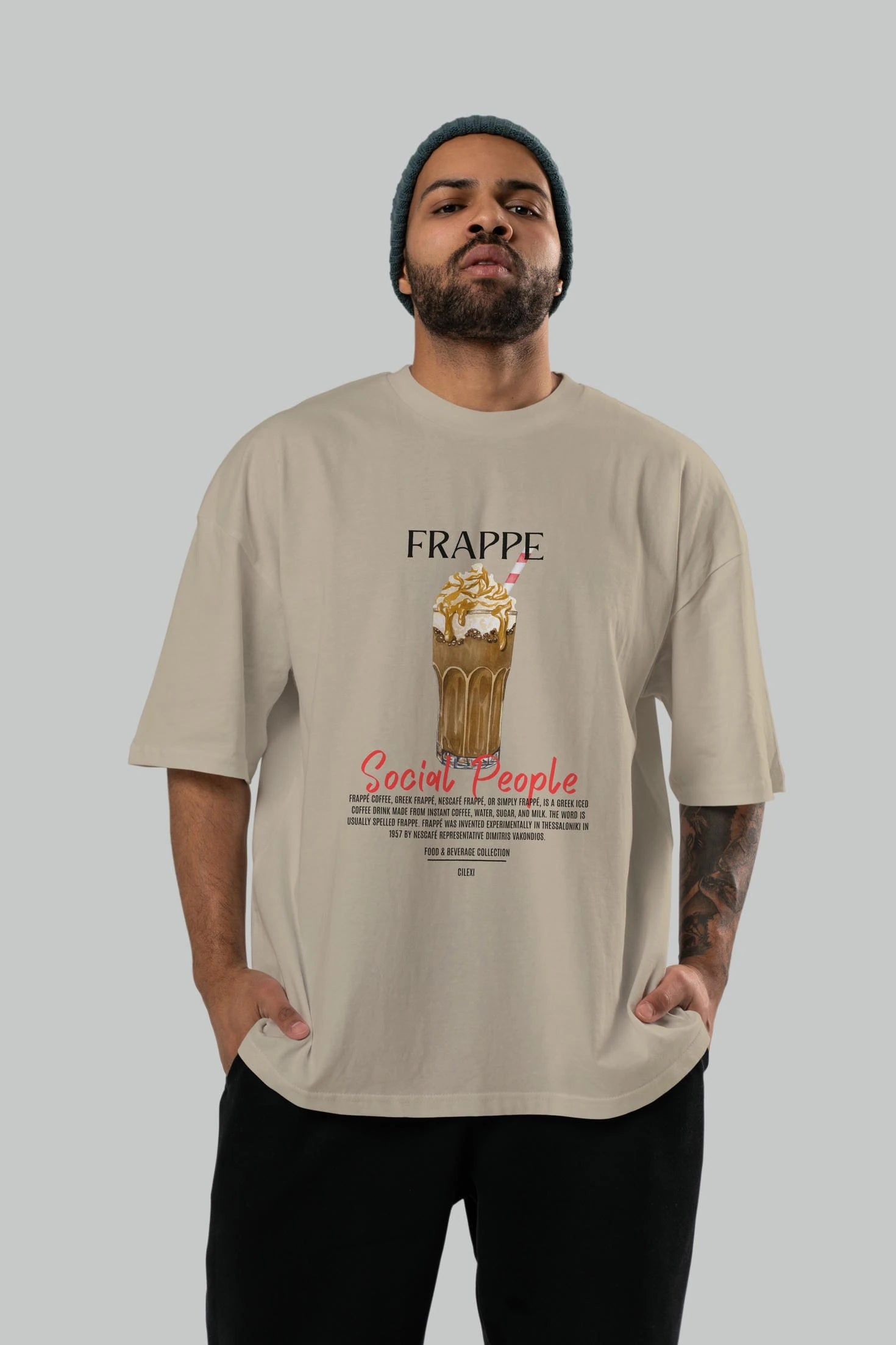 Frappe Kokteyl Serisi ön Baskılı Oversize t-shirt Erkek Kadın %100 Pamuk Bisiklet Yaka tişort