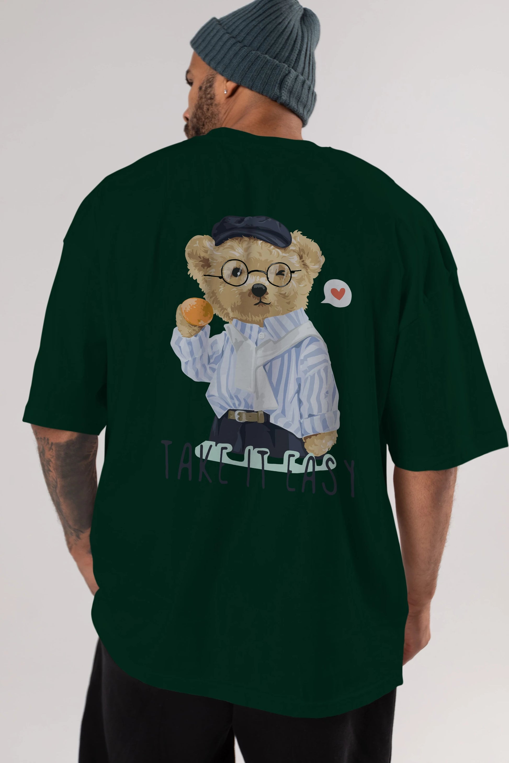 Teddy Bear Take it Easy Arka Baskılı Oversize t-shirt Erkek Kadın Unisex %100 Pamuk