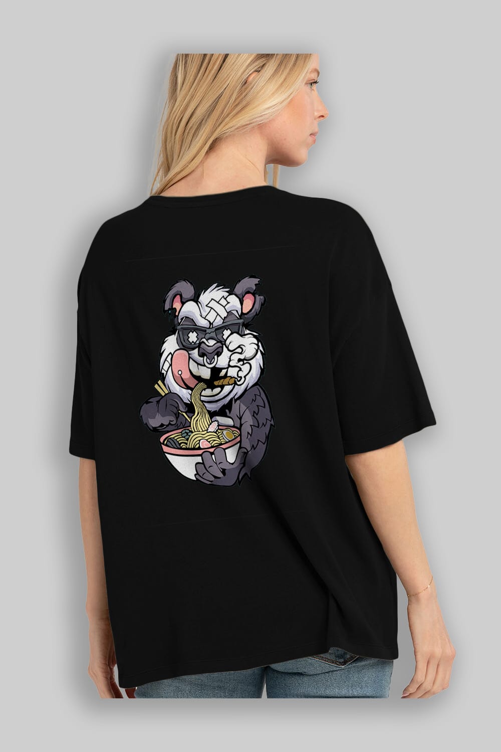 Panda Ramen Arka Baskılı Oversize t-shirt Erkek Kadın Unisex %100 Pamuk tişort