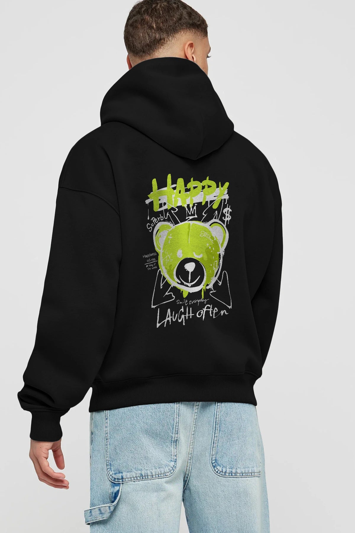 Happy Bear Arka Baskılı Hoodie Oversize Kapüşonlu Sweatshirt Erkek Kadın Unisex
