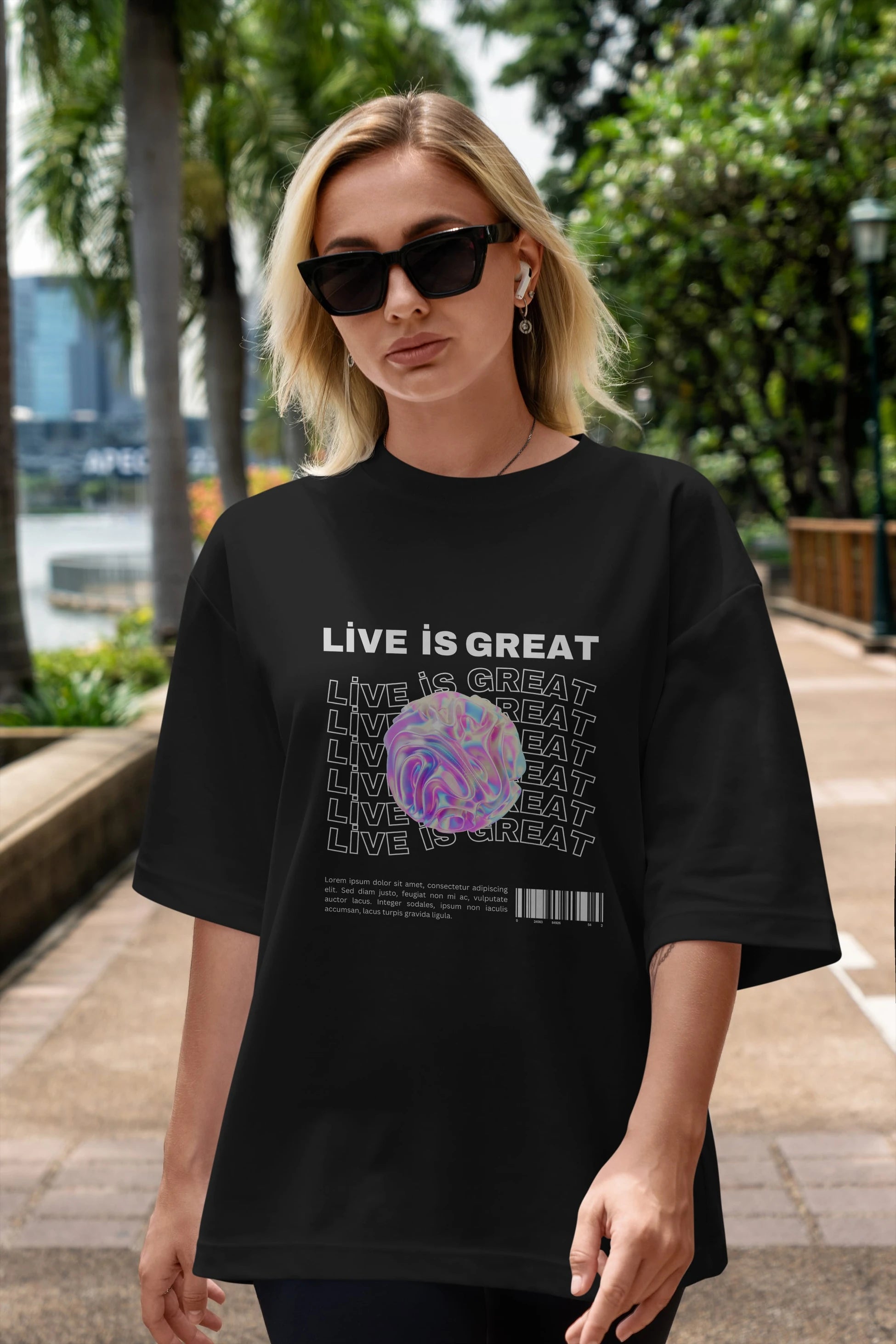 Live is Great Yazılı Ön Baskılı Oversize t-shirt Erkek Kadın Unisex