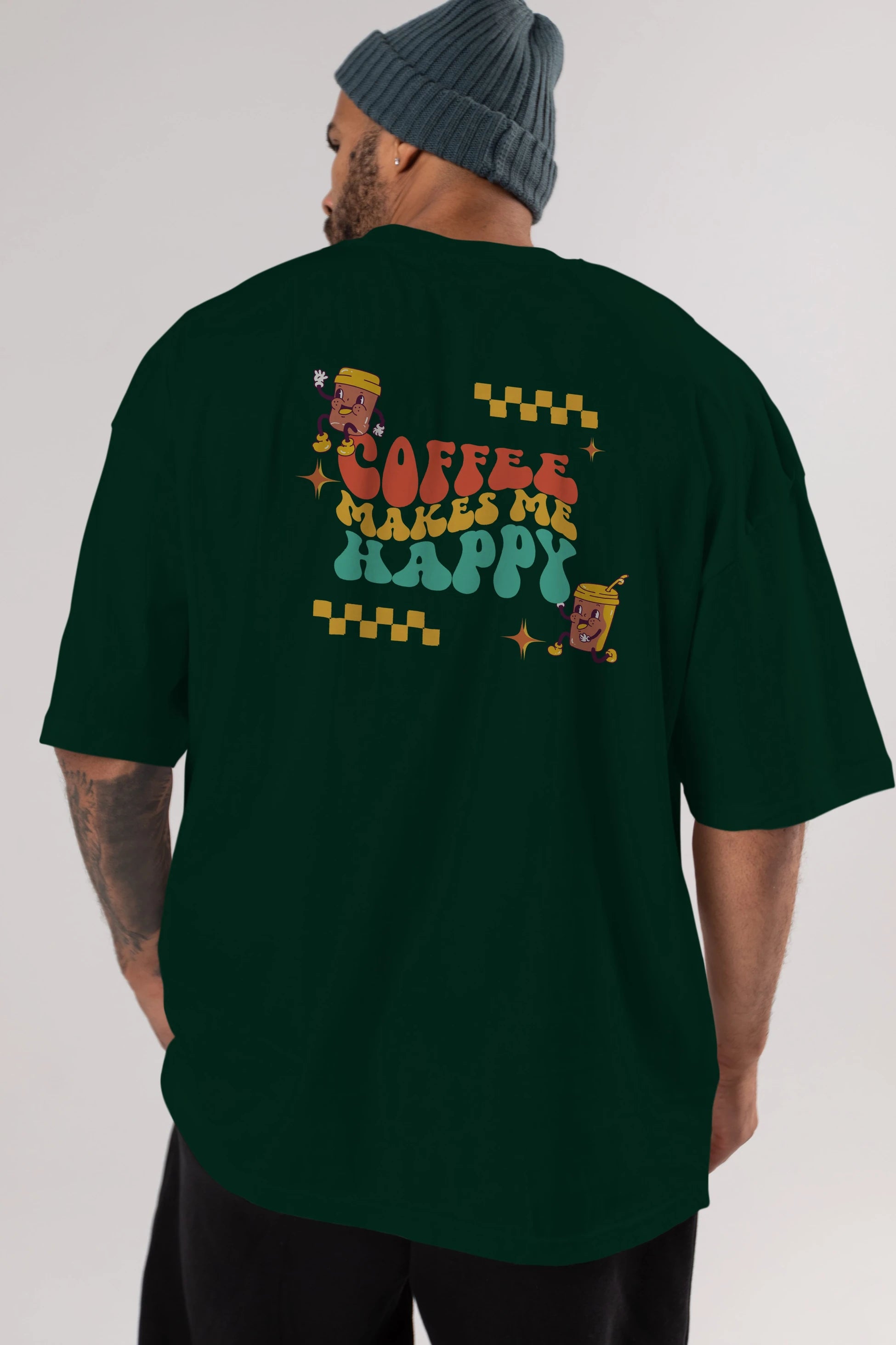 Coffee Makes Me Happy Yazılı Arka Baskılı Oversize t-shirt Erkek Kadın Unisex