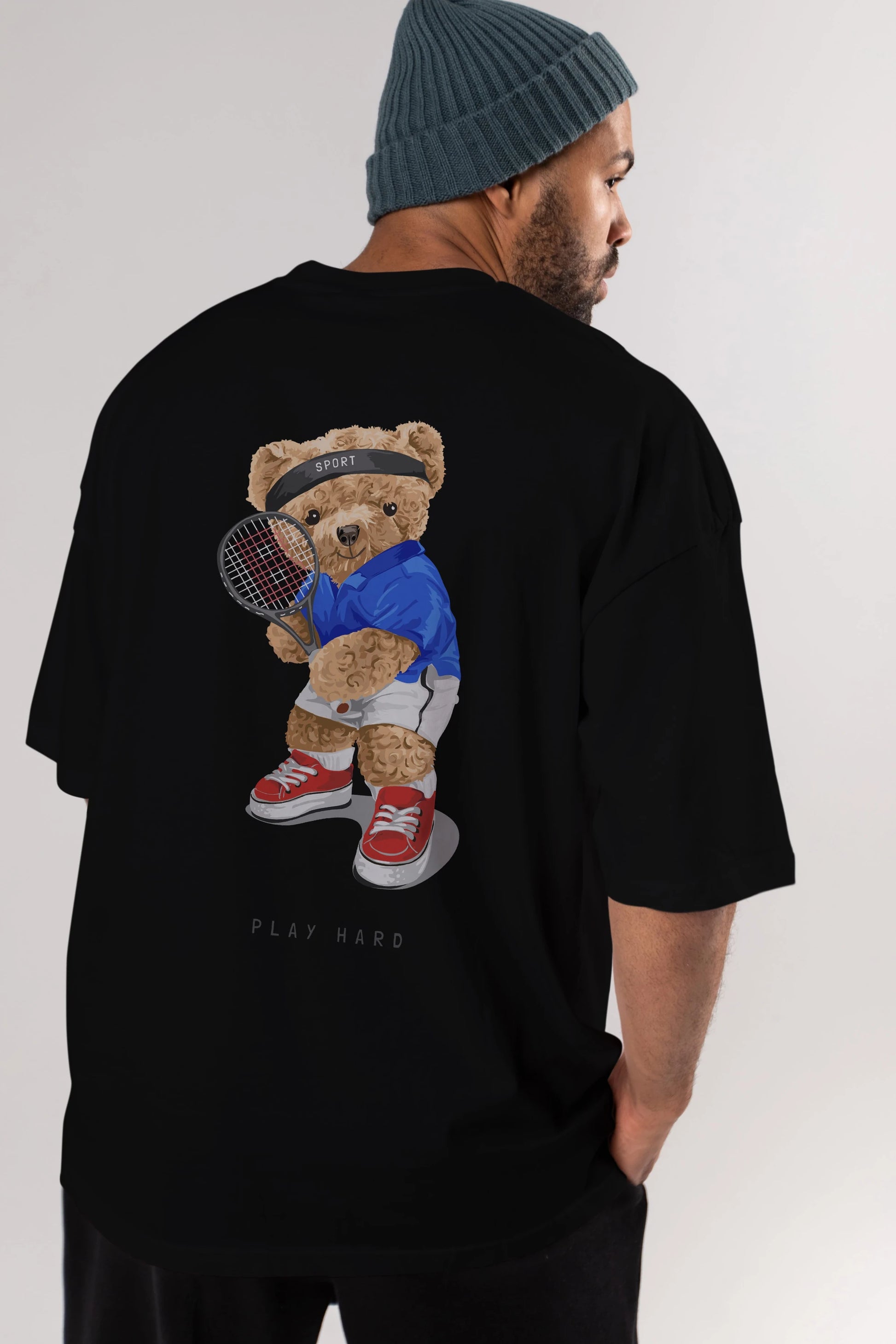 Teddy Bear Play Hard Arka Baskılı Oversize t-shirt Erkek Kadın Unisex %100 Pamuk
