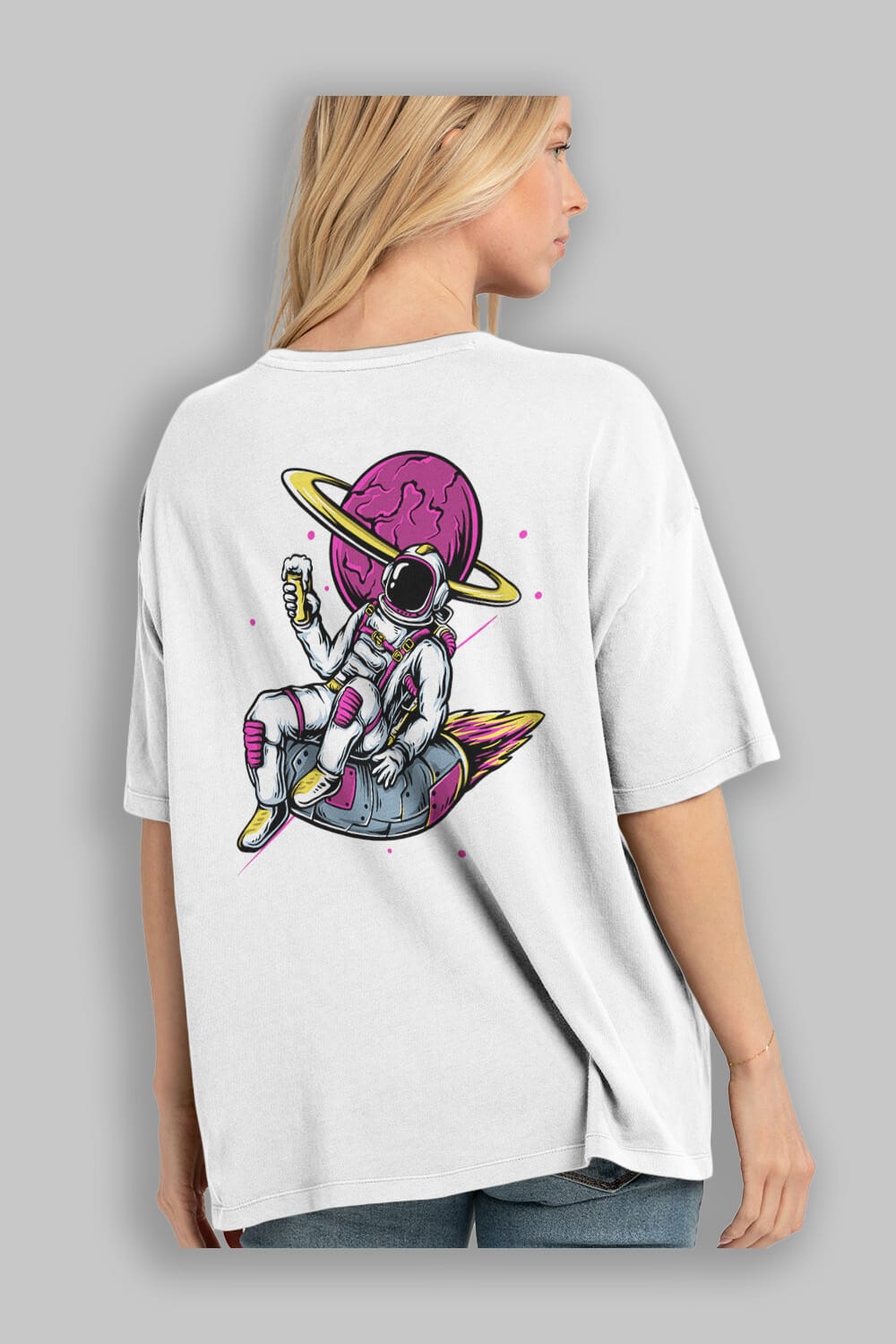 Astronaut Beer Arka Baskılı Oversize t-shirt Erkek Kadın Unisex
