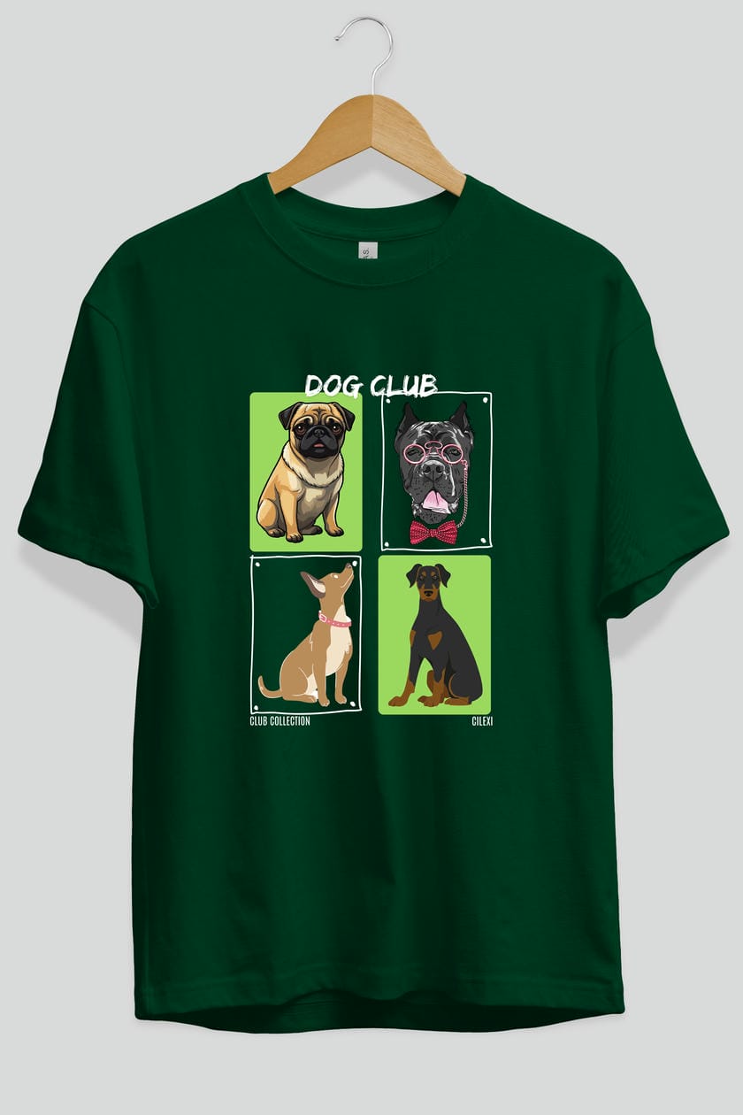 Dog Club ön Baskılı Oversize t-shirt Erkek Kadın %100 Pamuk Bisiklet Yaka tişort