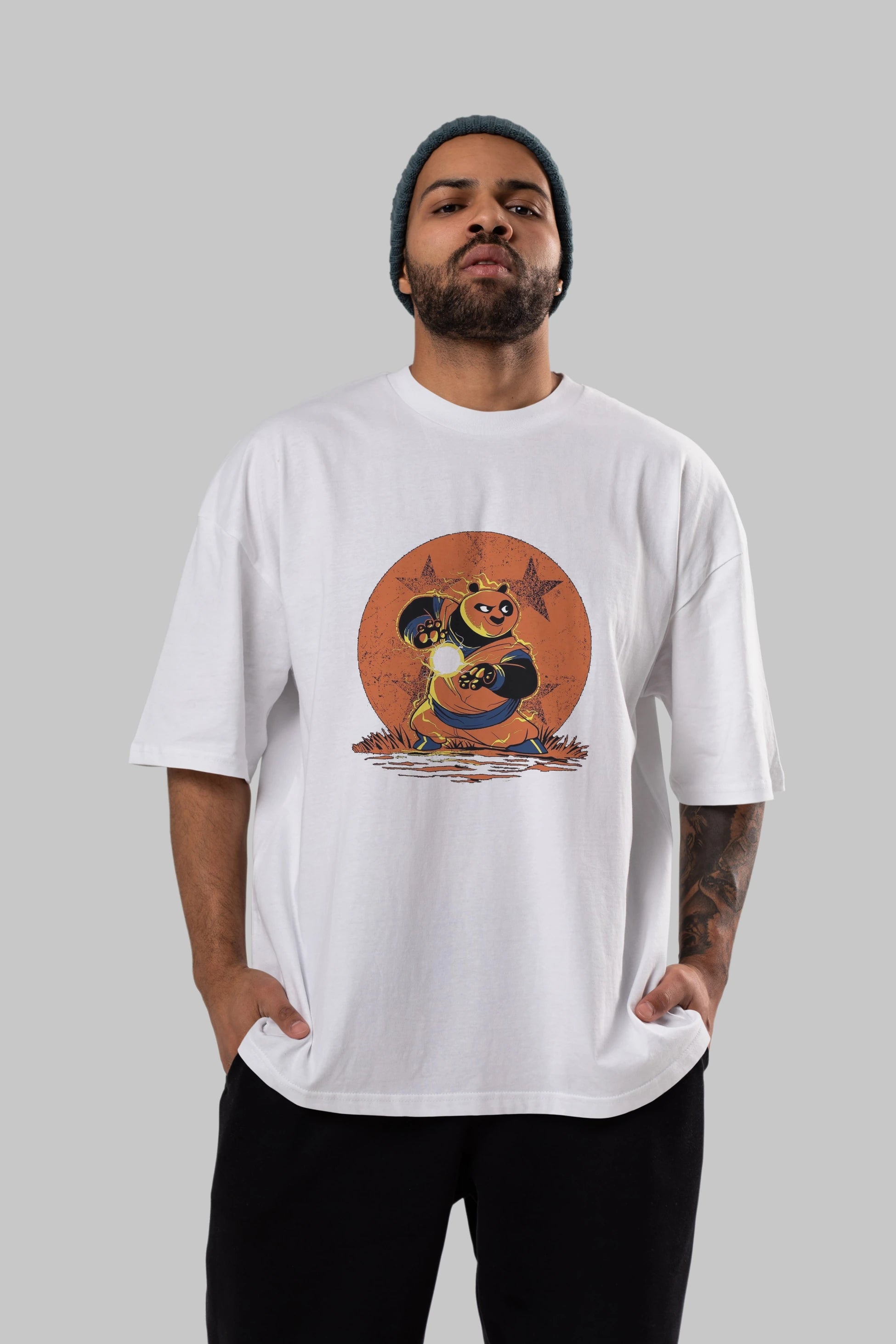 Kung Fu Panda Ön Baskılı Oversize t-shirt Erkek Kadın Unisex %100 Pamuk Bisiklet Yaka tişort