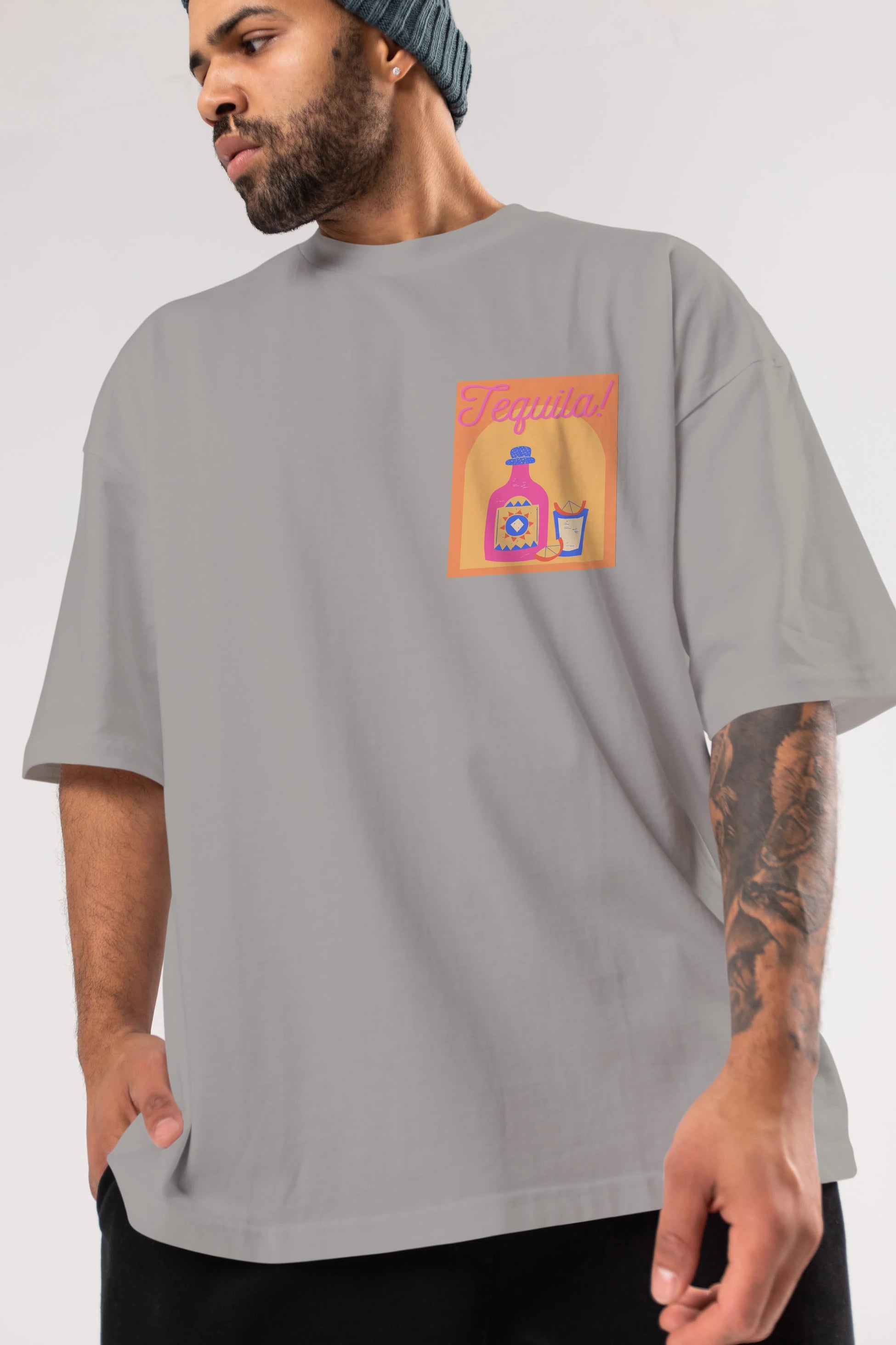 Tequila Ön Sol Baskılı Oversize t-shirt Erkek Kadın Unisex %100 Pamuk Bisiklet Yaka tişort