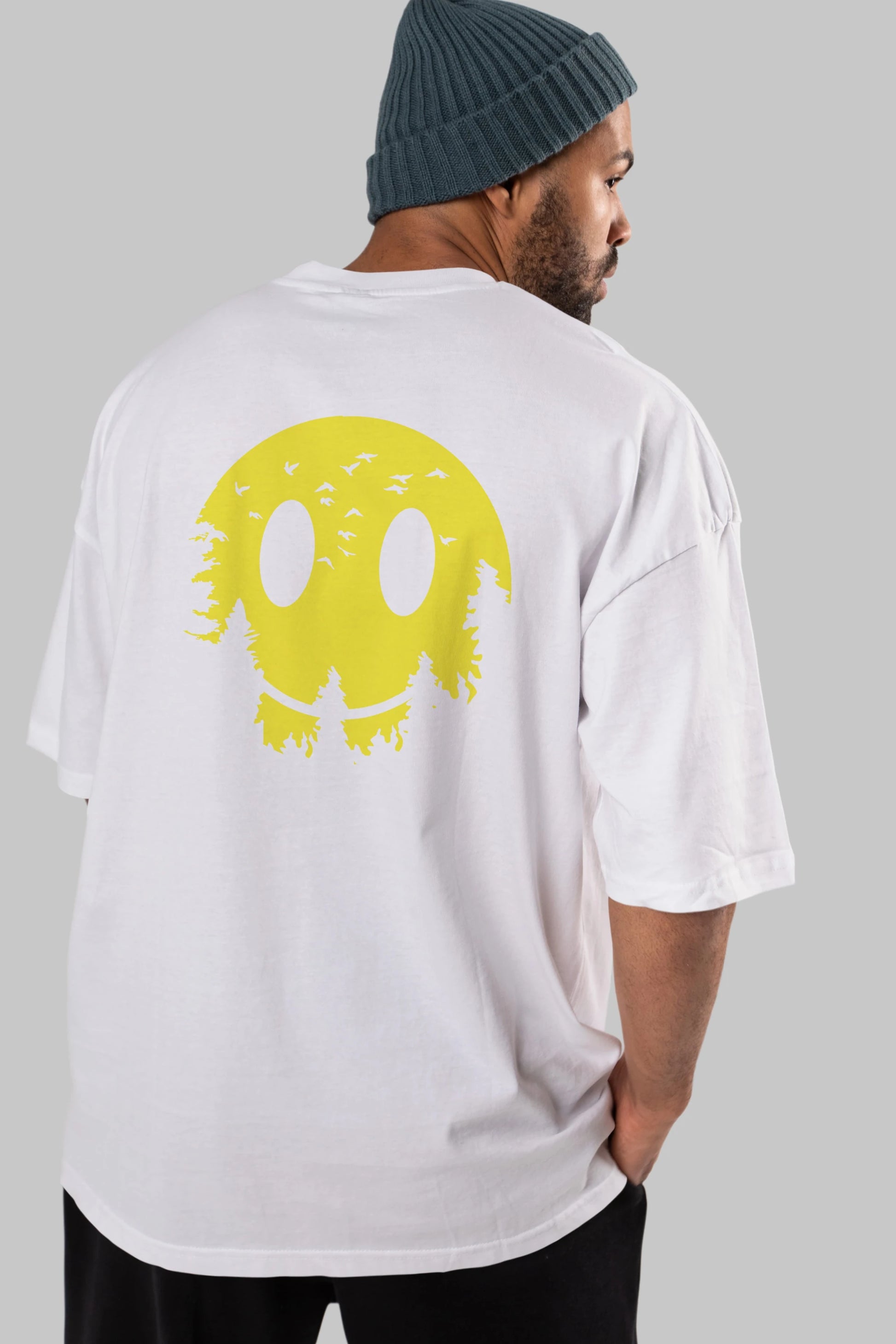 Smiley Moon Arka Baskılı Oversize t-shirt %100 pamuk Erkek Kadın Unisex