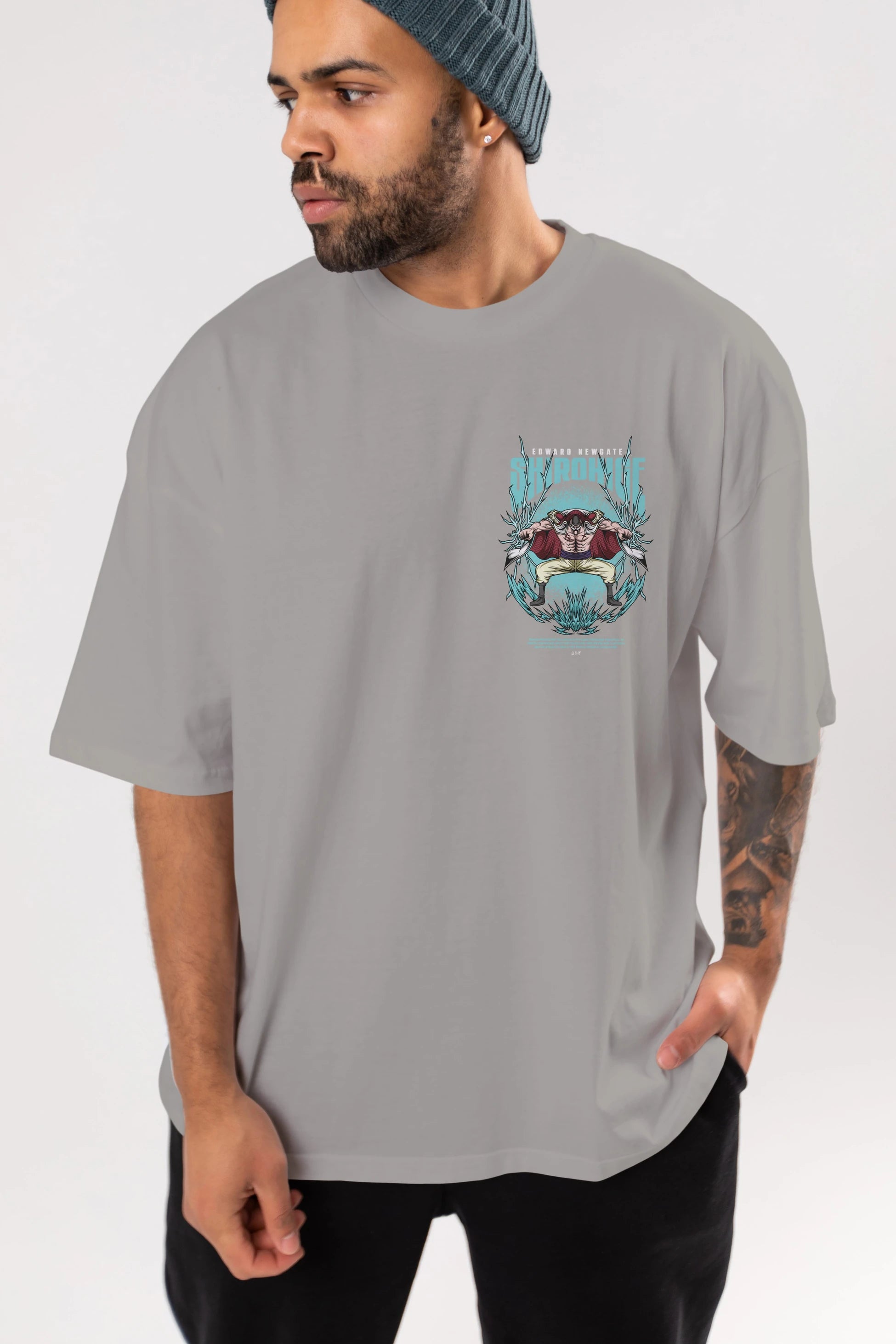 Shirohige Ön Sol Baskılı Oversize t-shirt Erkek Kadın Unisex %100 Pamuk Bisiklet Yaka tişort