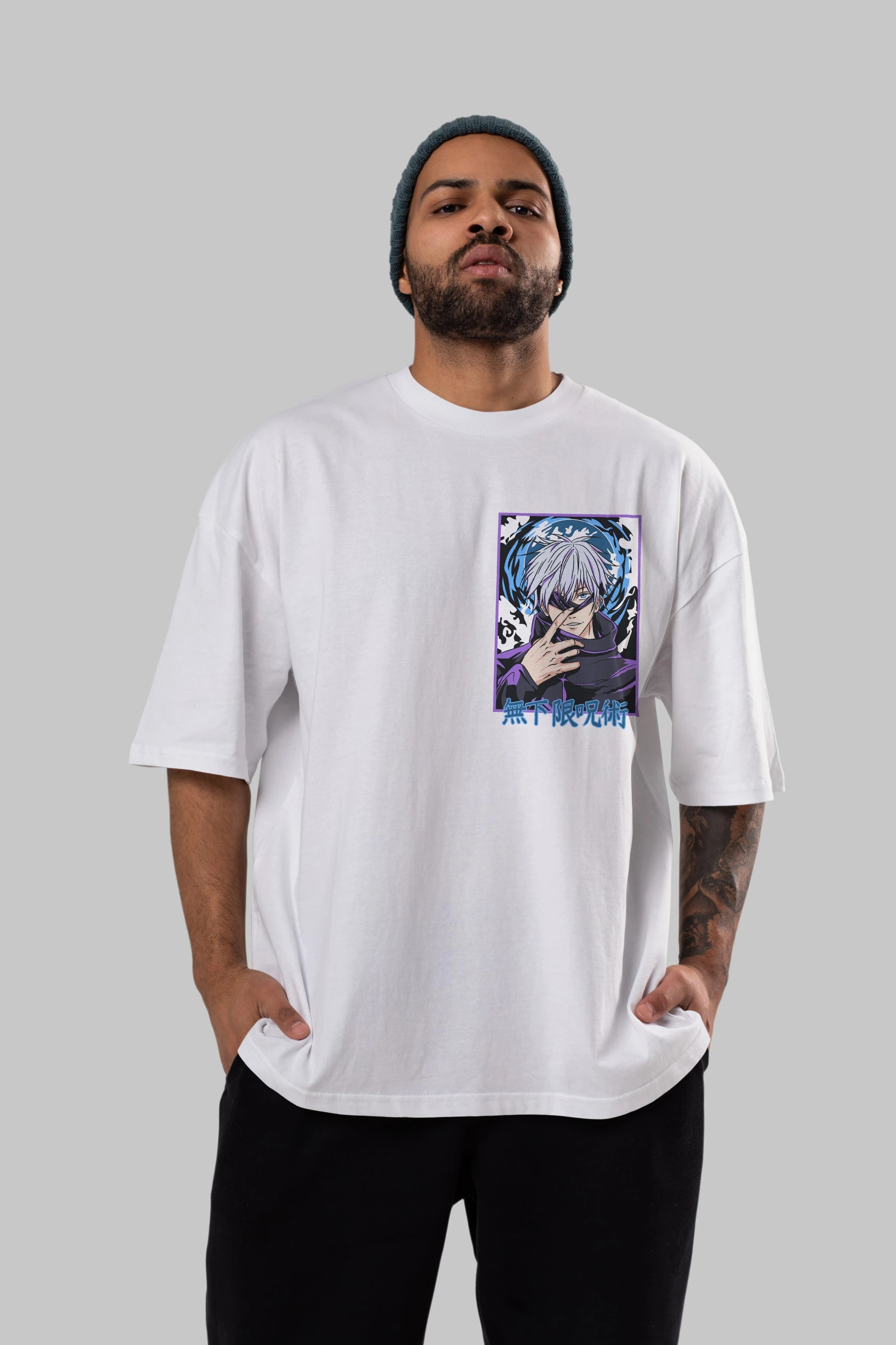 SATORU GOJO 3 Ön Sol Baskılı Oversize t-shirt Erkek Kadın Unisex %100 Pamuk Bisiklet Yaka tişort