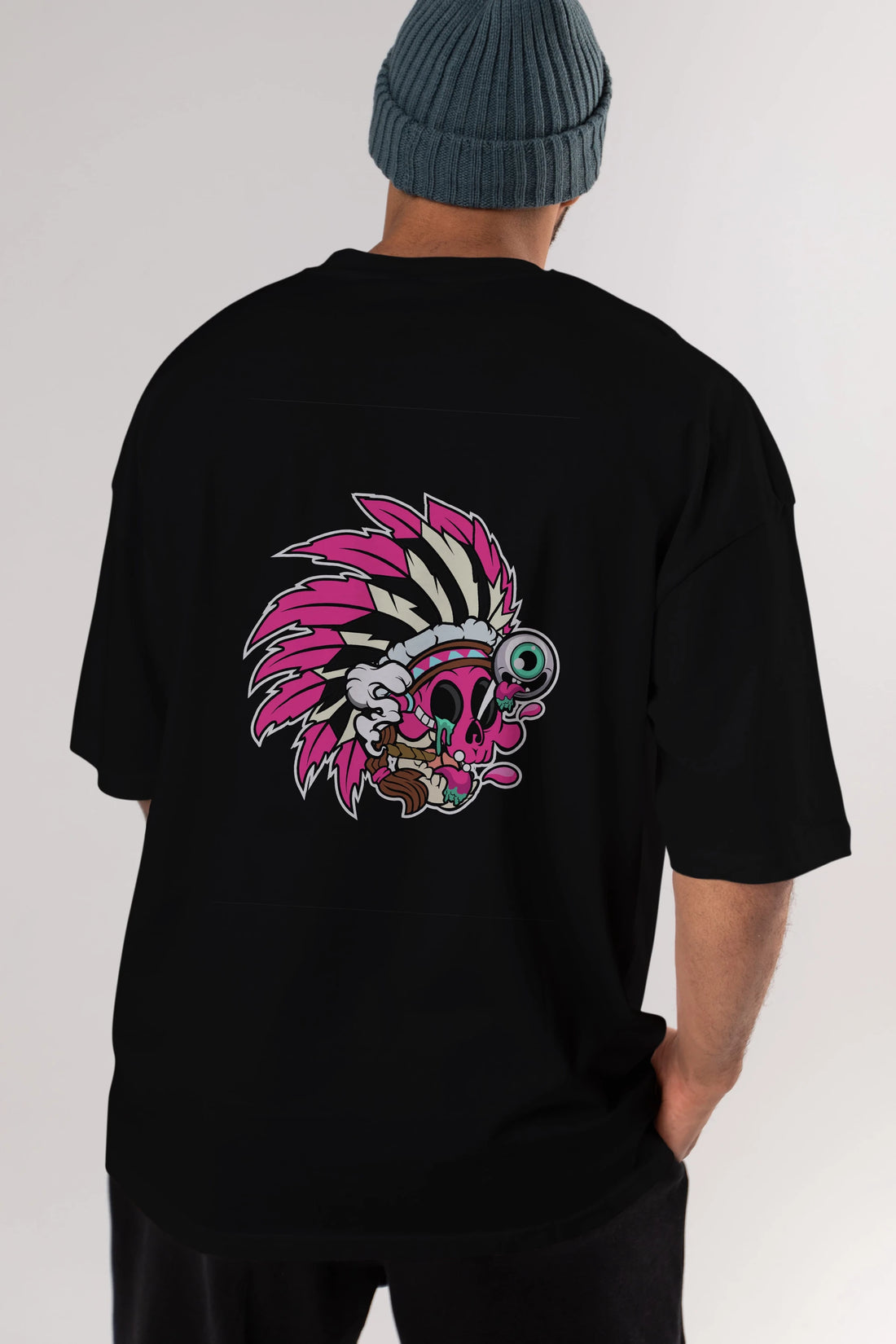 Skull Indian Arka Baskılı Oversize t-shirt Erkek Kadın Unisex %100 Pamuk tişort