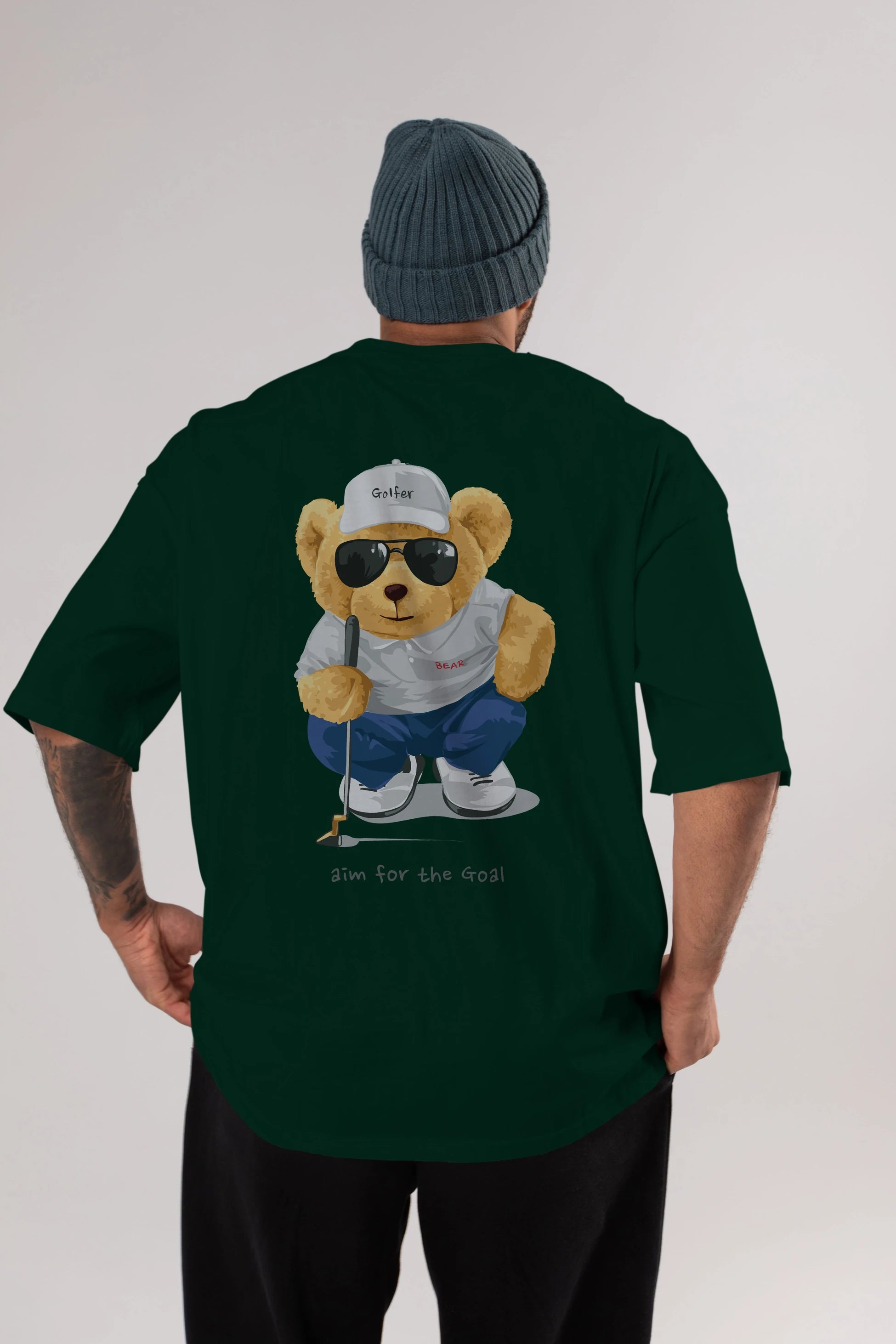 Teddy Bear Golfer Arka Baskılı Oversize t-shirt Erkek Kadın Unisex %100 Pamuk