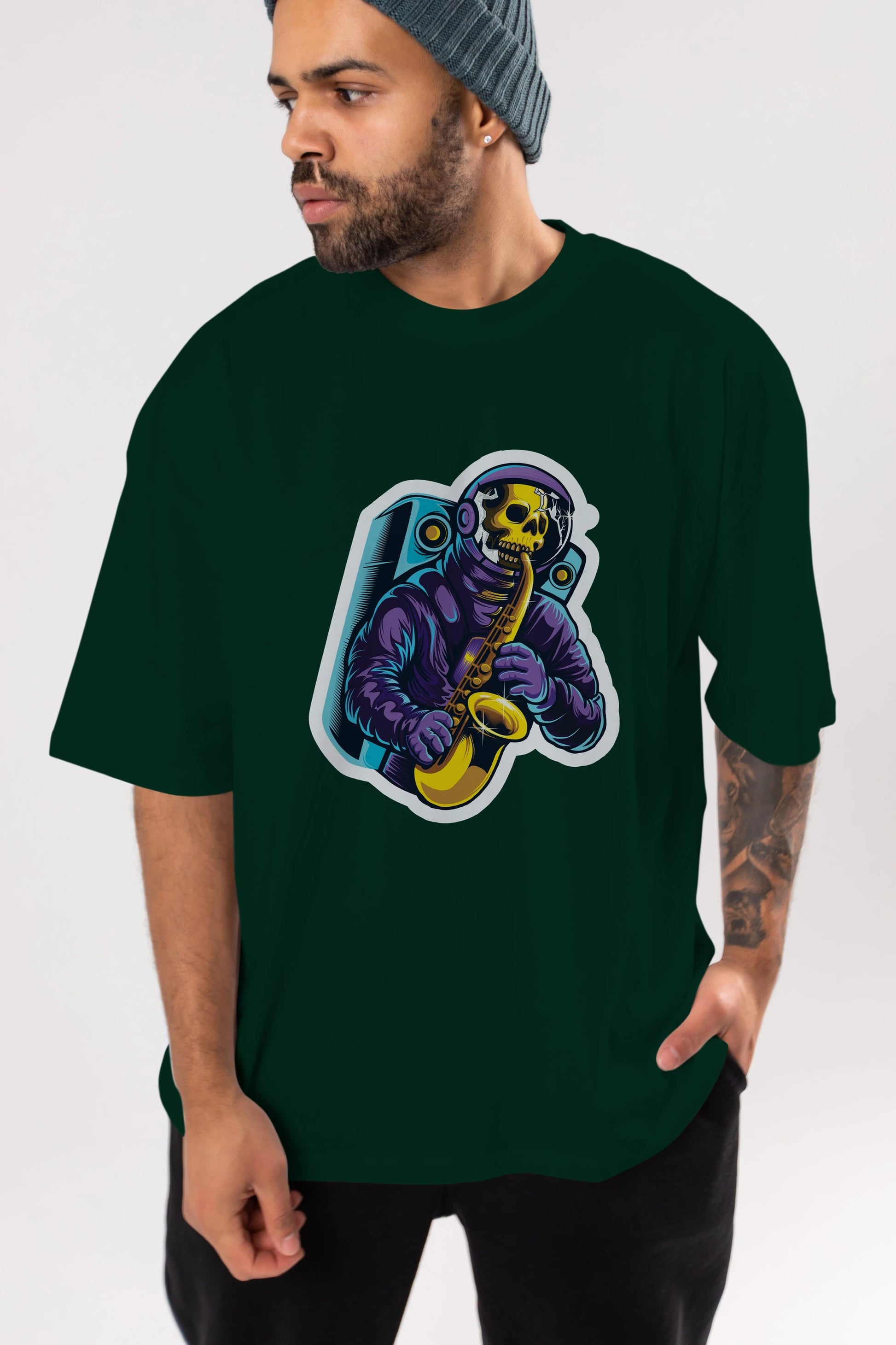 Astroskull Saxophonist Sticker Ön Baskılı Oversize t-shirt Erkek Kadın Unisex