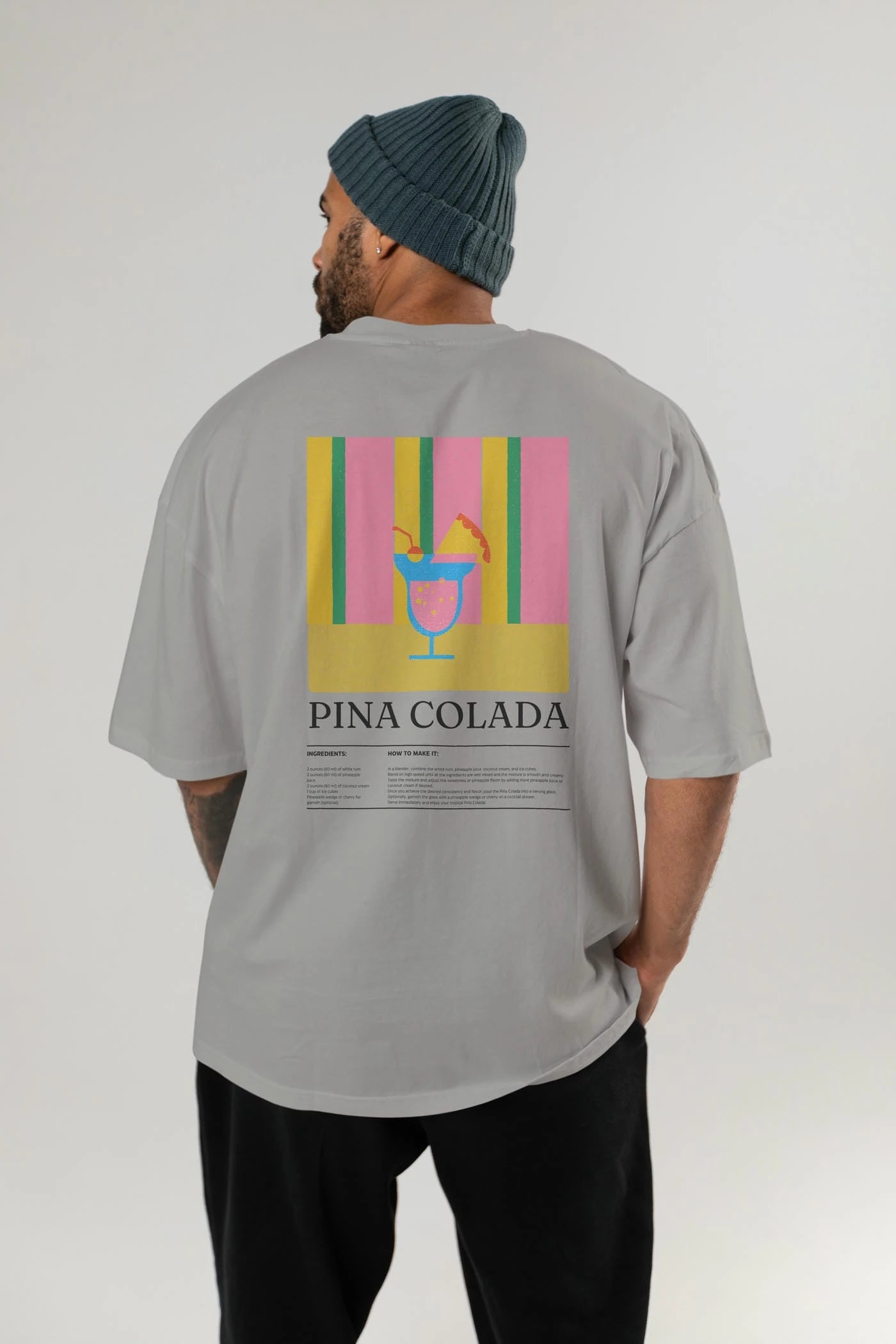 Pina Colada Kokteyl Serisi Arka Baskılı Oversize t-shirt Erkek Kadın %100 Pamuk Bisiklet Yaka tişort