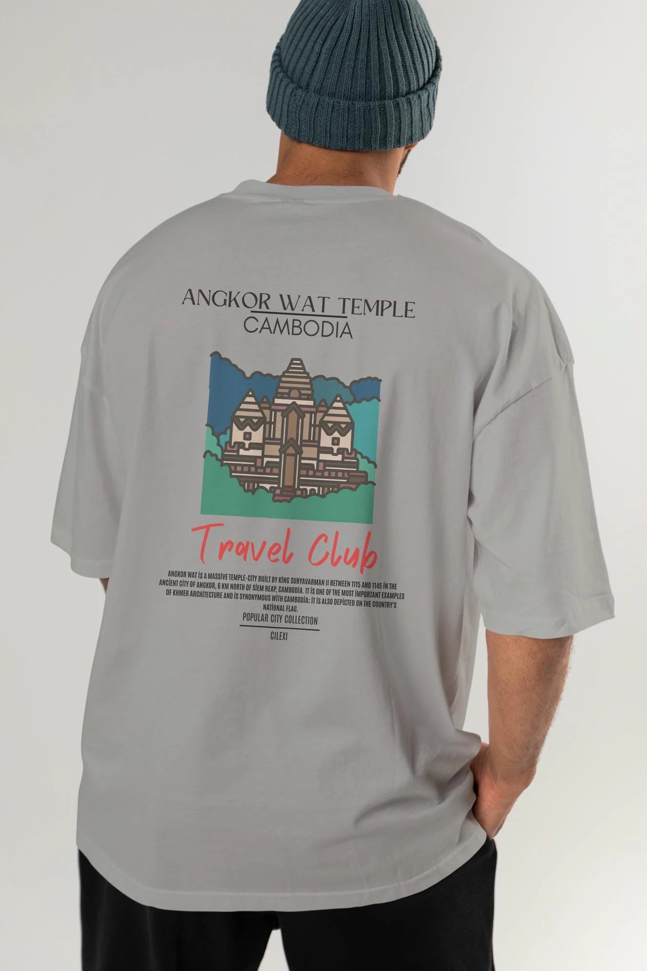 Angkor Wat Temple Cambodia Arka Baskılı Oversize t-shirt Erkek Kadın Pamuk Bisiklet Yaka tişort