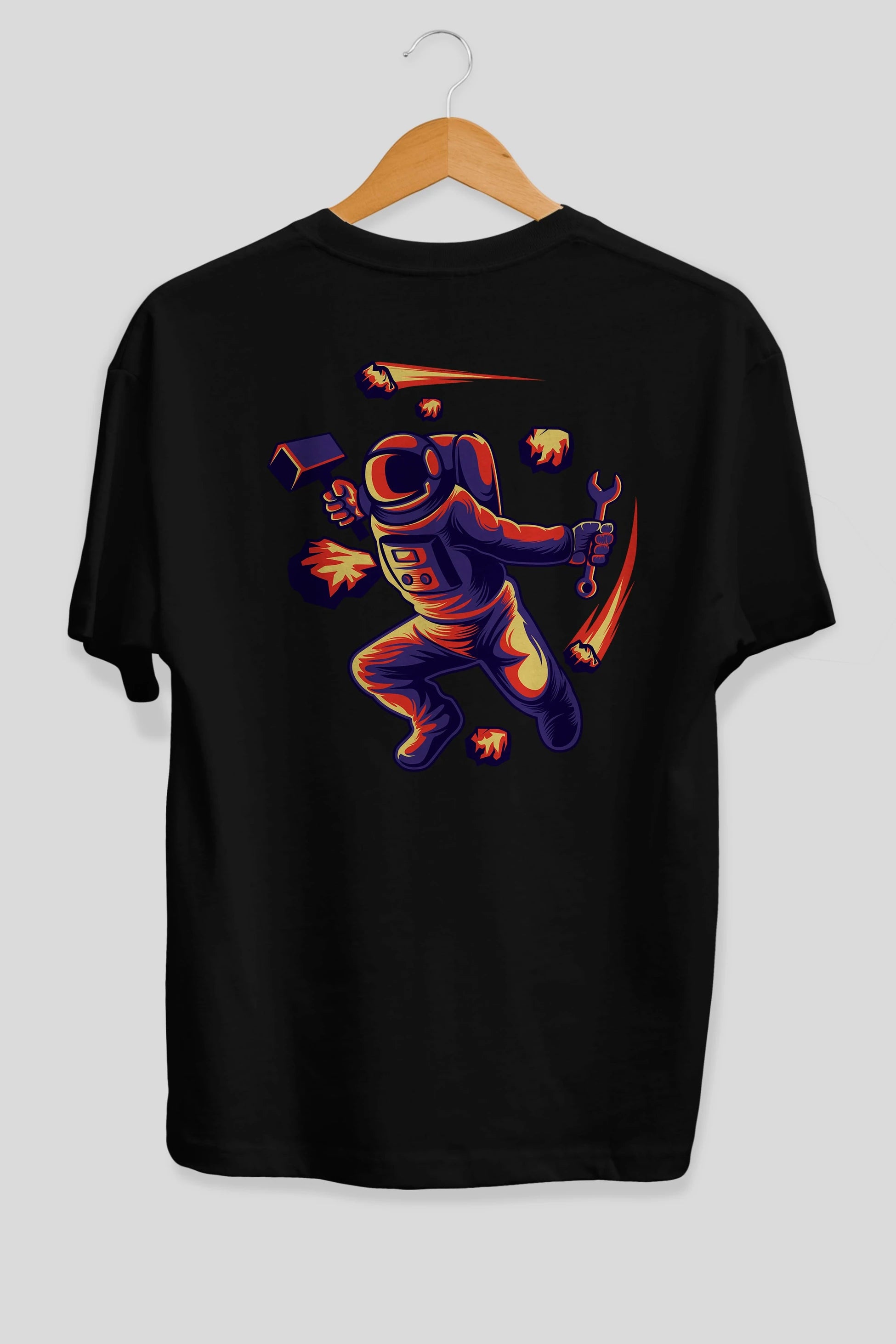 Astronaut Block Meteor Arka Baskılı Oversize t-shirt Erkek Kadın Unisex