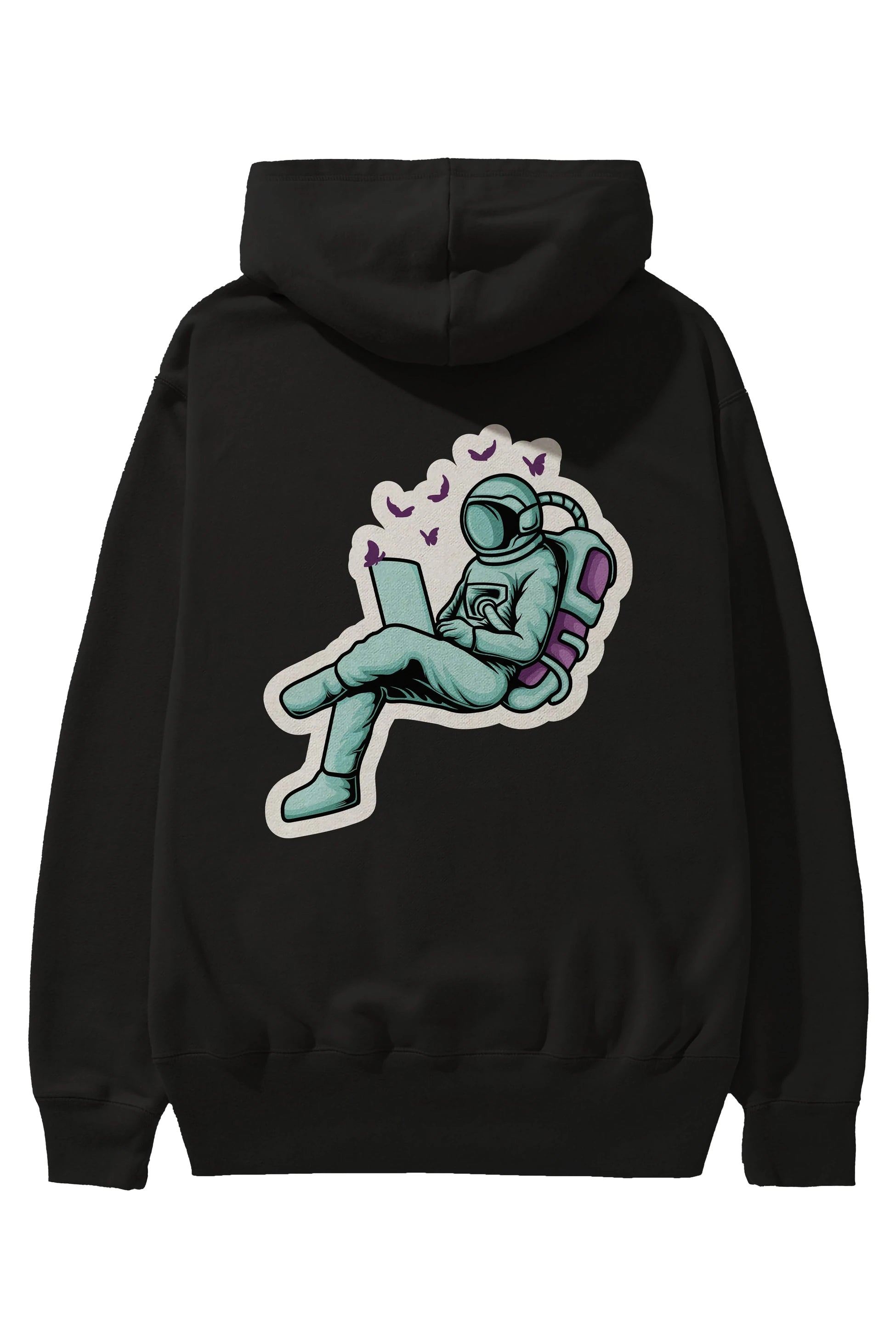 Work with Butterflies in Space Sticker Arka Baskılı Hoodie Oversize Kapüşonlu Sweatshirt Erkek Kadın Unisex