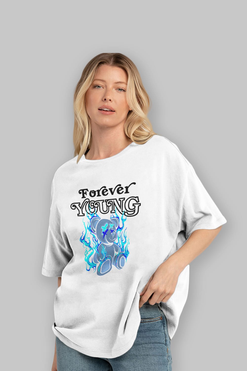 Forever Young Bear Ön Baskılı Oversize t-shirt Erkek Kadın Unisex