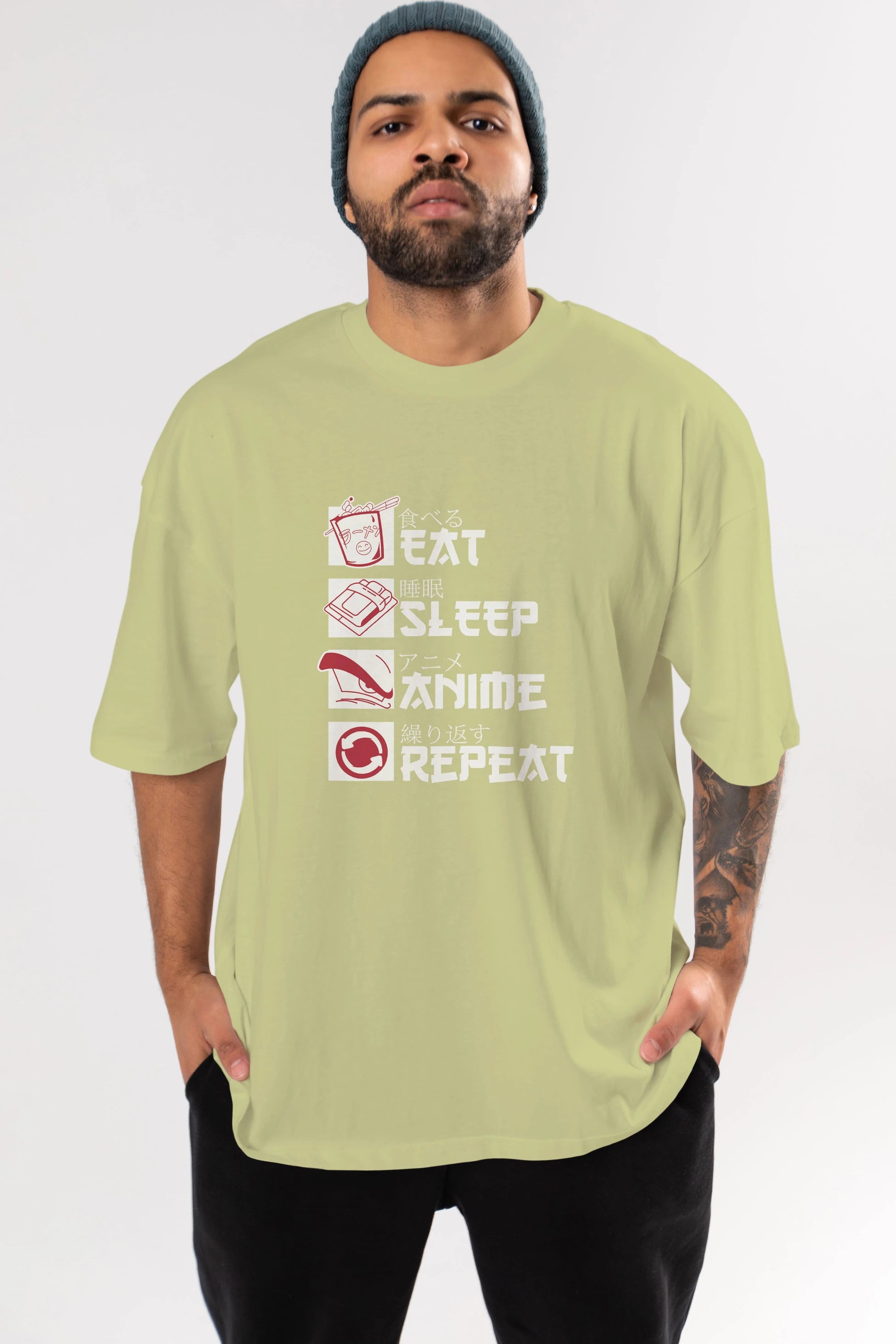 Eat, Sleep, Anime, Repeat Anime Ön Baskılı Oversize t-shirt %100 pamuk Erkek Kadın Unisex