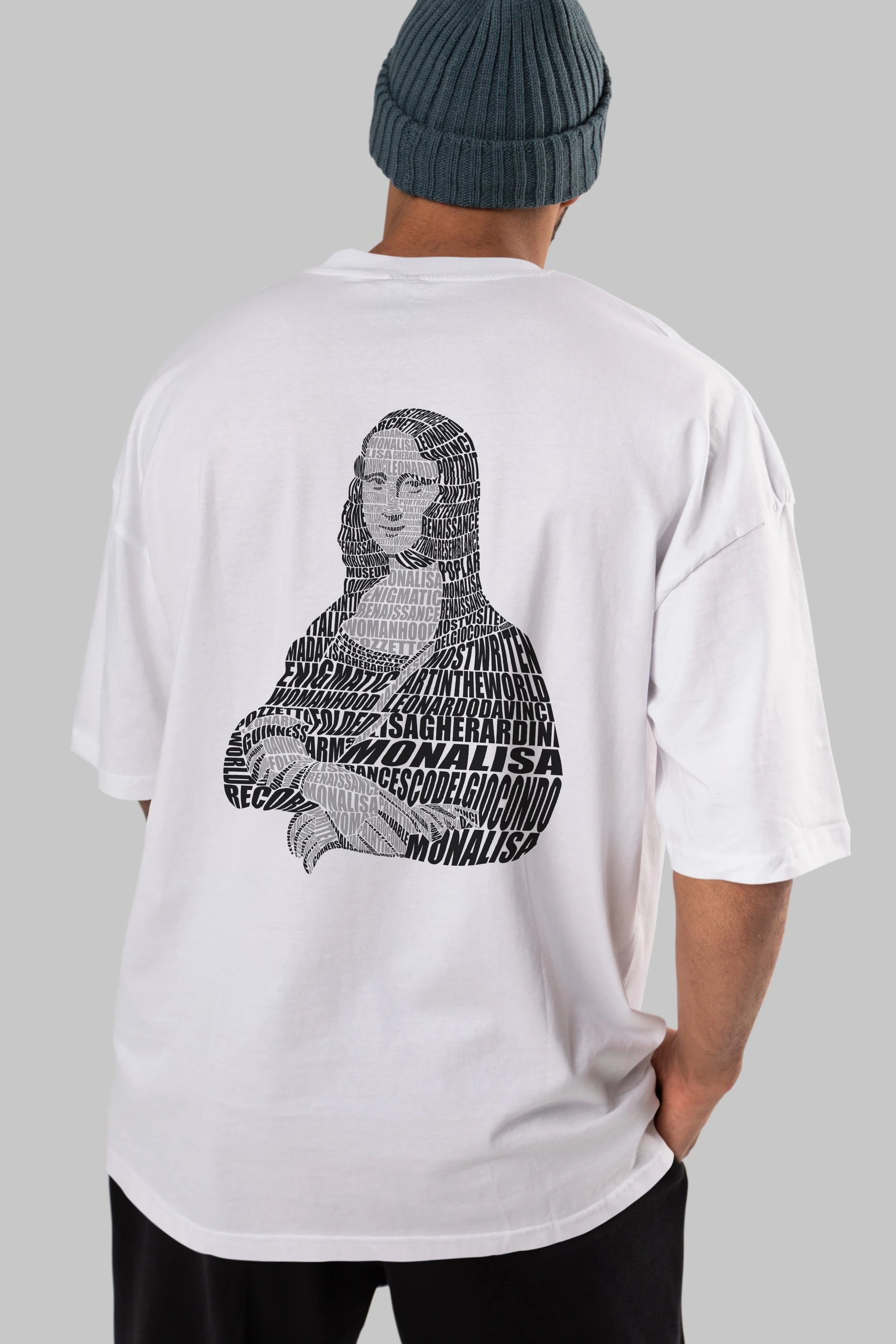 Mona Lisa Calligram Arka Baskılı Oversize t-shirt %100 pamuk Erkek Kadın Unisex