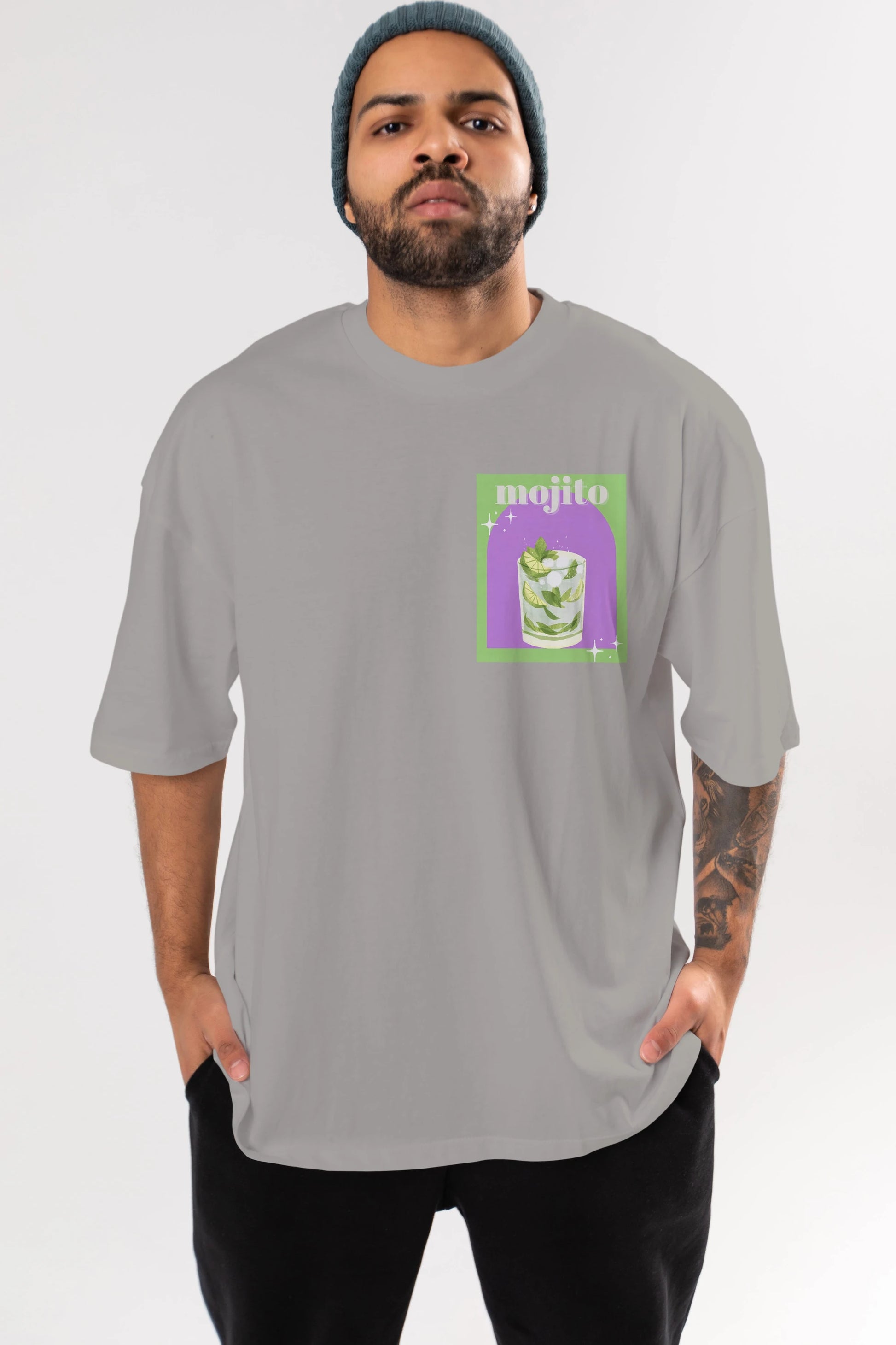 Mojito 3 Ön Sol Baskılı Oversize t-shirt Erkek Kadın Unisex %100 Pamuk Bisiklet Yaka tişort