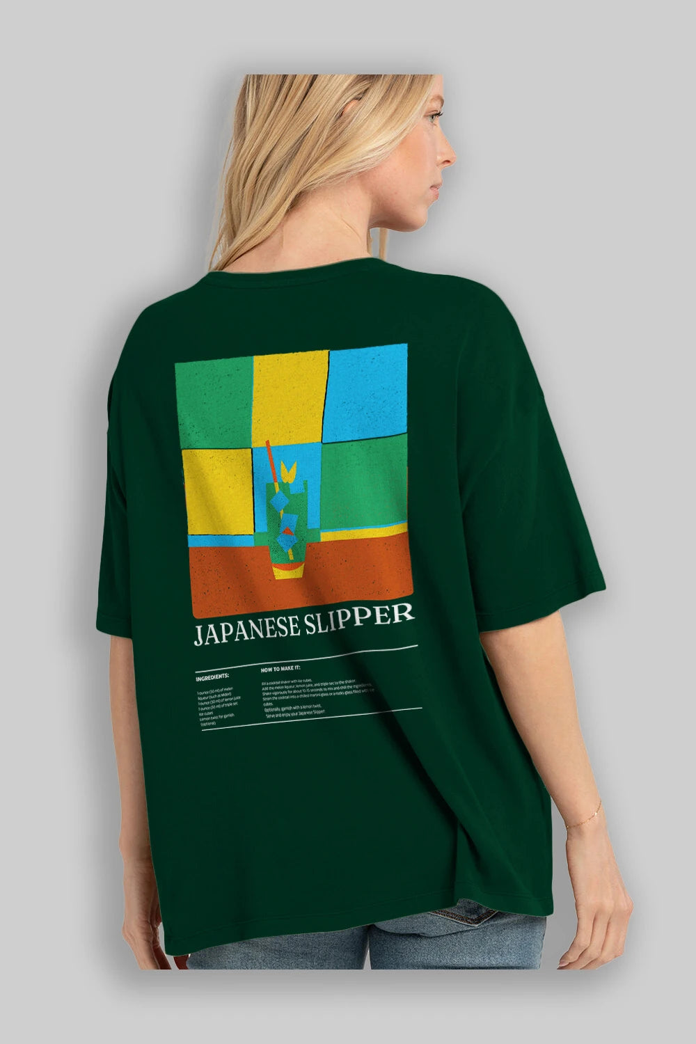 Japanese Slipper Kokteyl Serisi Arka Baskılı Oversize t-shirt Erkek Kadın %100 Pamuk Bisiklet Yaka tişort