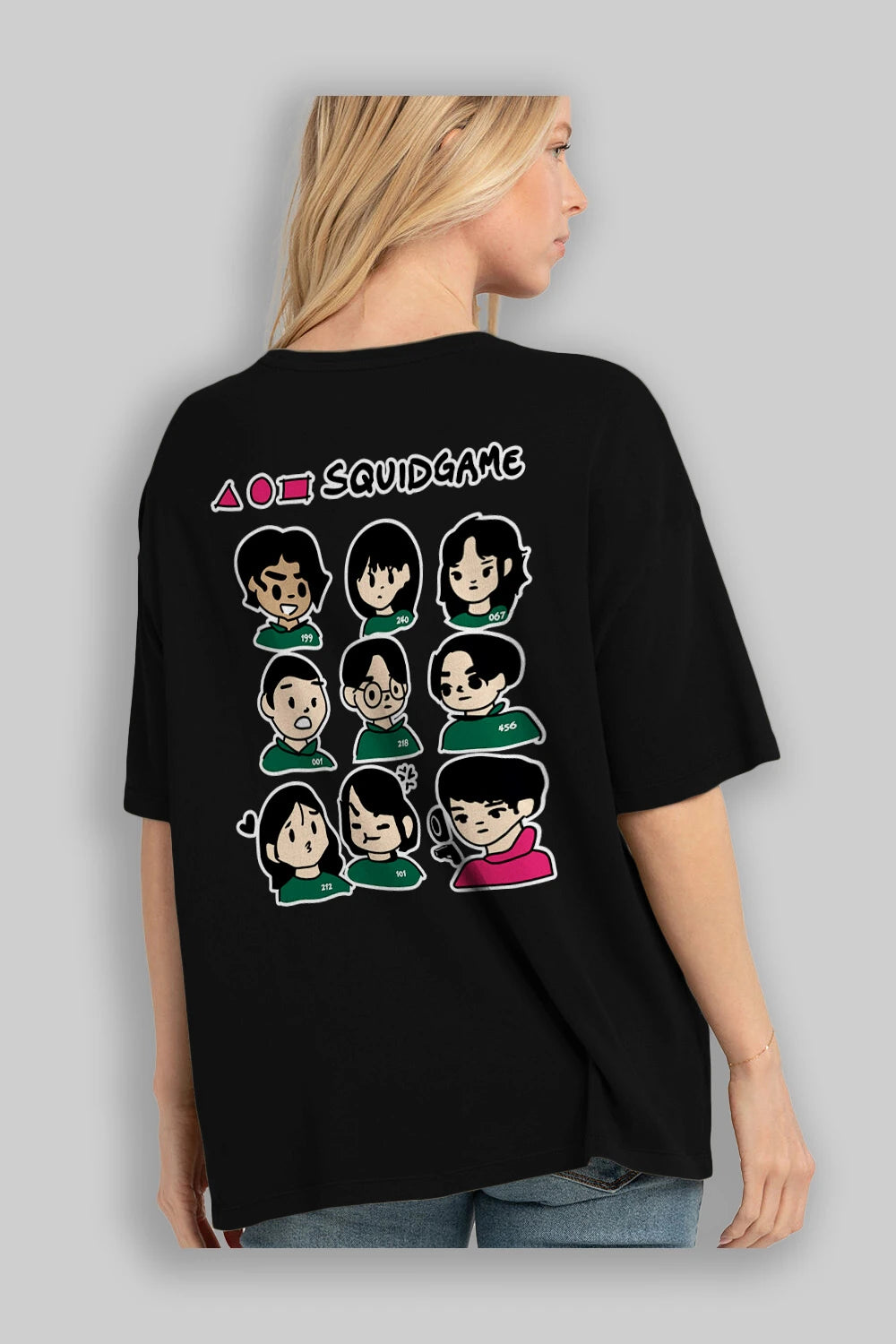 Squid Game (3) Arka Baskılı Oversize t-shirt Erkek Kadın Unisex %100 Pamuk Bisiklet Yaka tişort