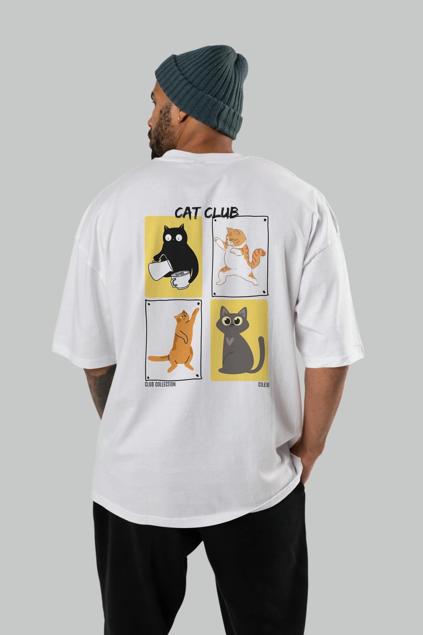 Cat Club Arka Baskılı Oversize t-shirt Erkek Kadın %100 Pamuk Bisiklet Yaka tişort