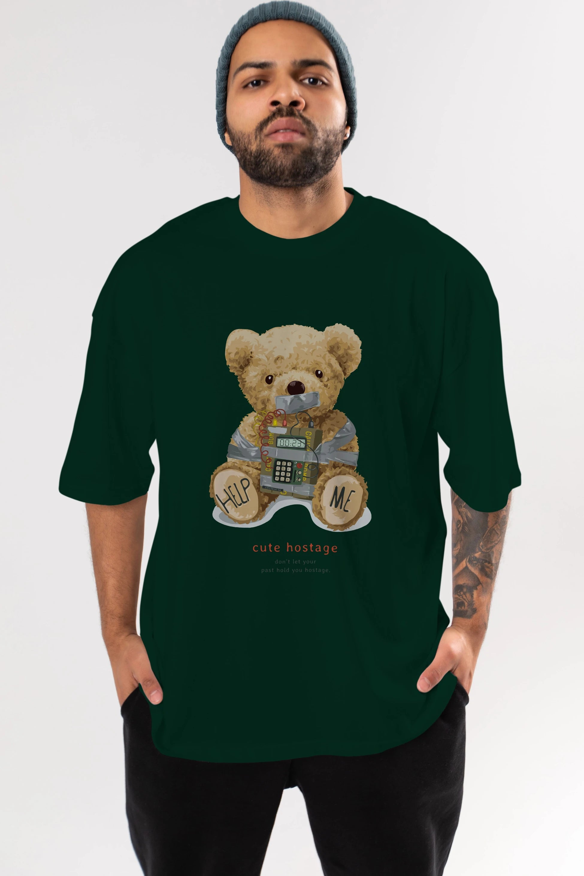 Teddy Bear Help Me Ön Baskılı Oversize t-shirt Erkek Kadın Unisex %100 Pamuk