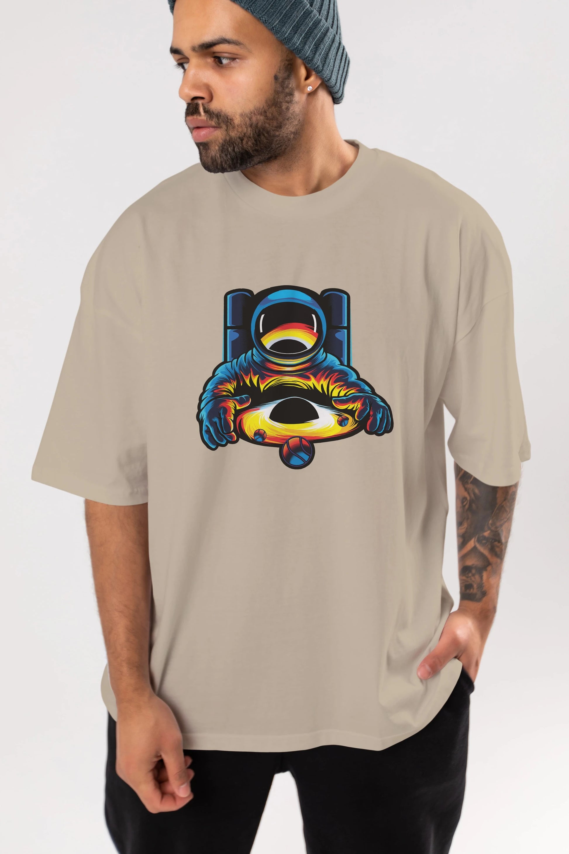 Astronaut & Black Hole Ön Baskılı Oversize t-shirt Erkek Kadın Unisex