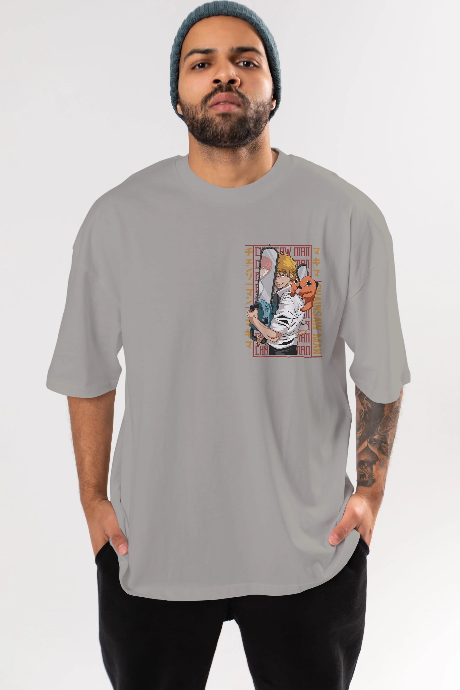 Chainsaw DENJI Ön Sol Baskılı Oversize t-shirt Erkek Kadın Unisex %100 Pamuk Bisiklet Yaka tişort