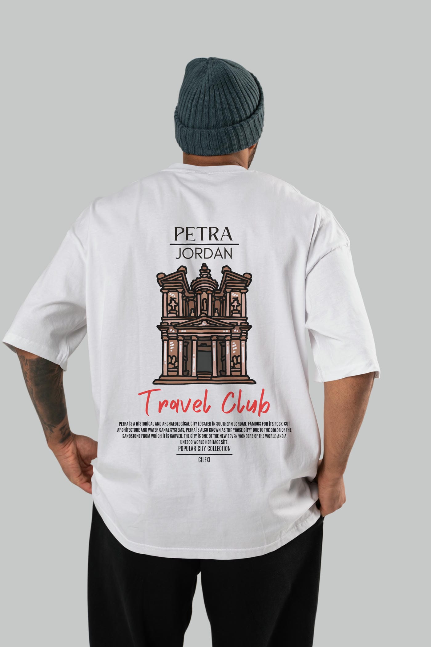 Petra Jordan Arka Baskılı Oversize t-shirt Erkek Kadın Pamuk Bisiklet Yaka tişort