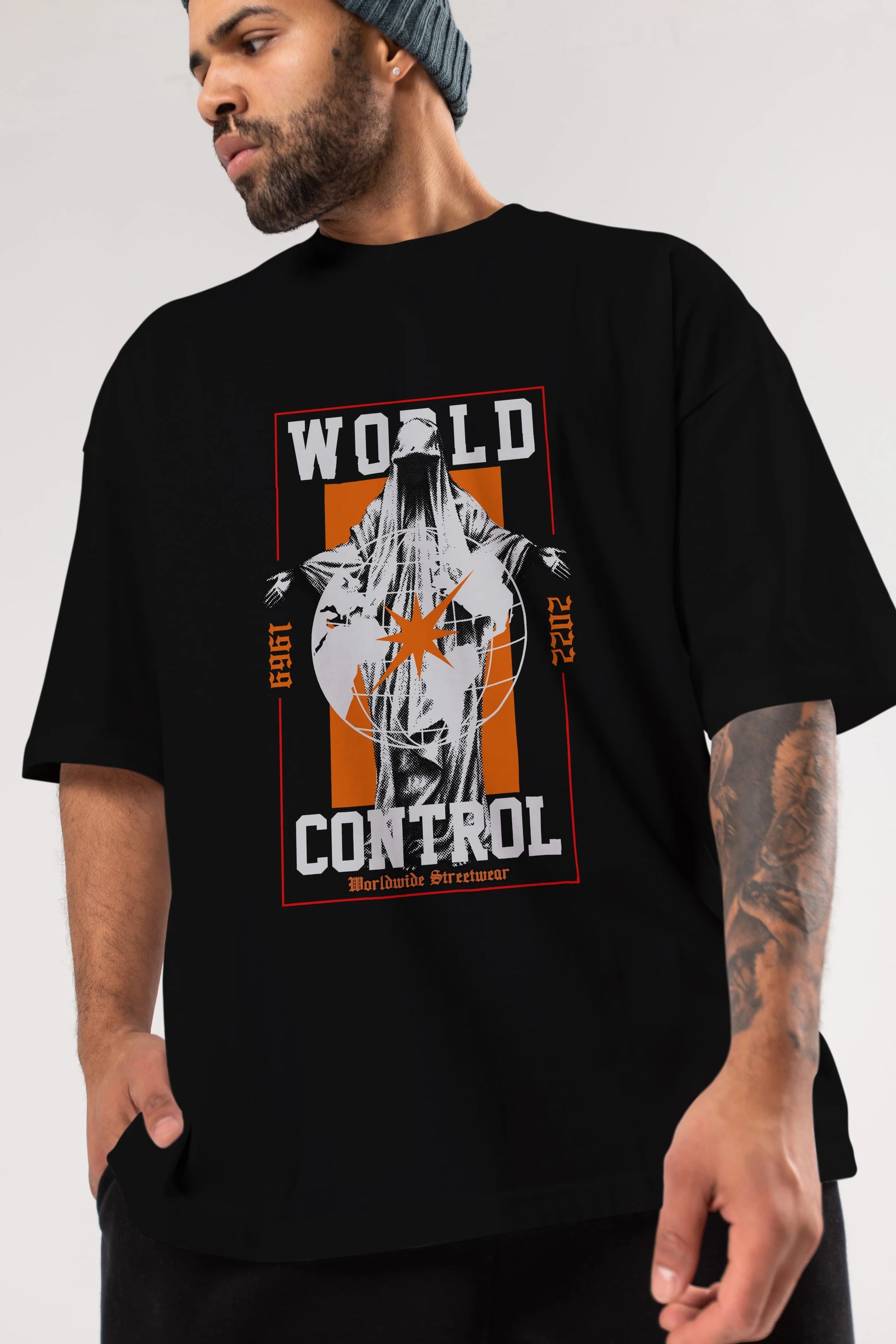 World Control Ön Baskılı Oversize t-shirt Erkek Kadın Unisex