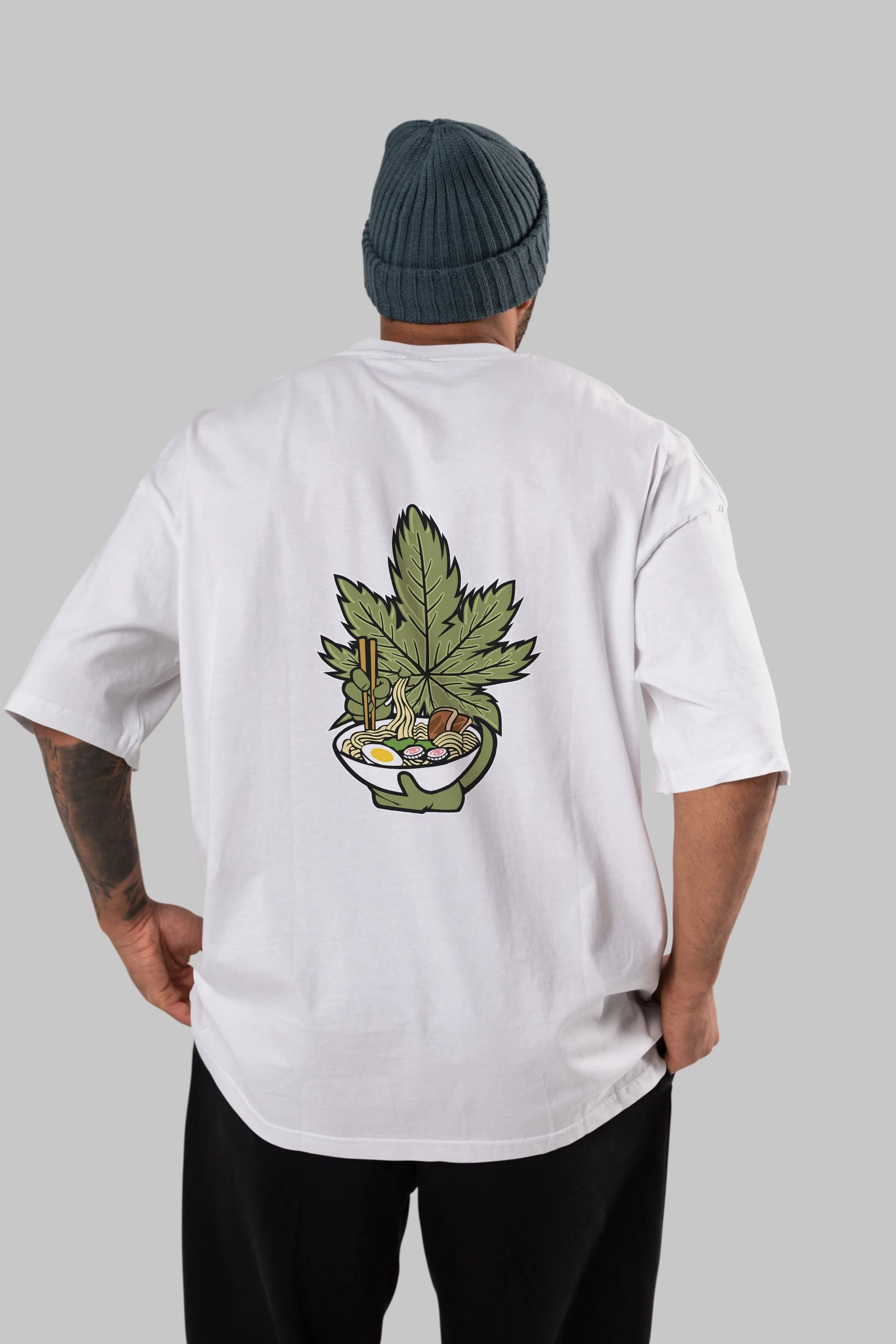 Weed Ramen Arka Baskılı Oversize t-shirt Erkek Kadın Unisex %100 Pamuk tişort