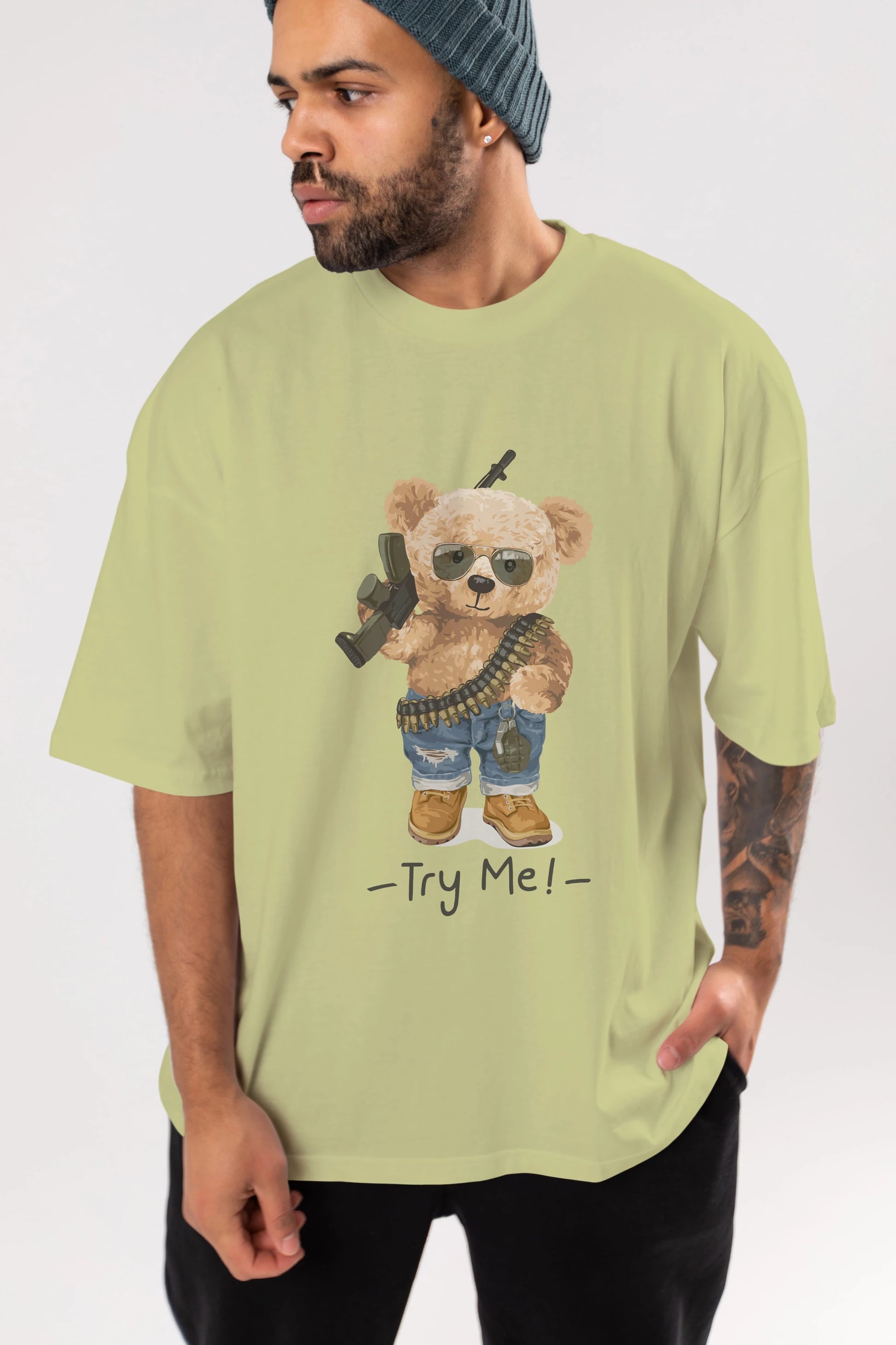 Teddy Bear Try Me Ön Baskılı Oversize t-shirt Erkek Kadın Unisex %100 Pamuk