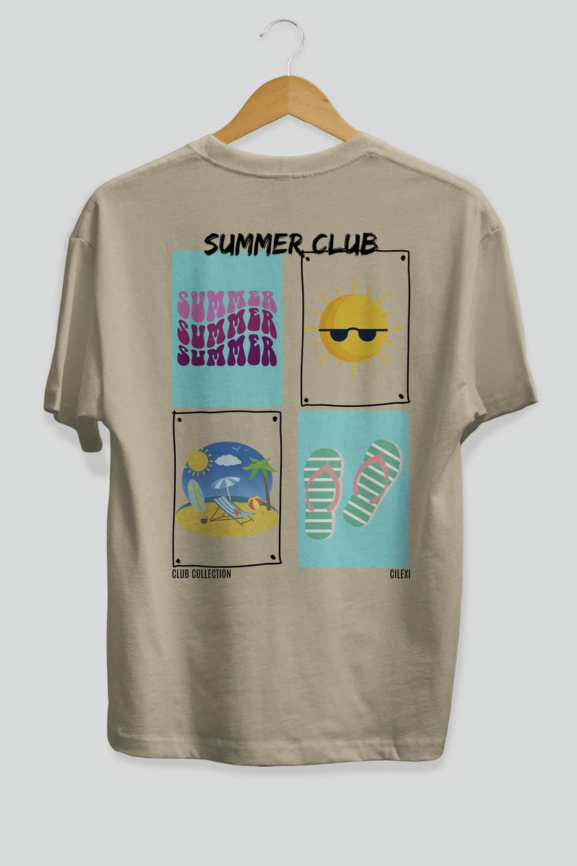 Summer Club Arka Baskılı Oversize t-shirt Erkek Kadın %100 Pamuk Bisiklet Yaka tişort