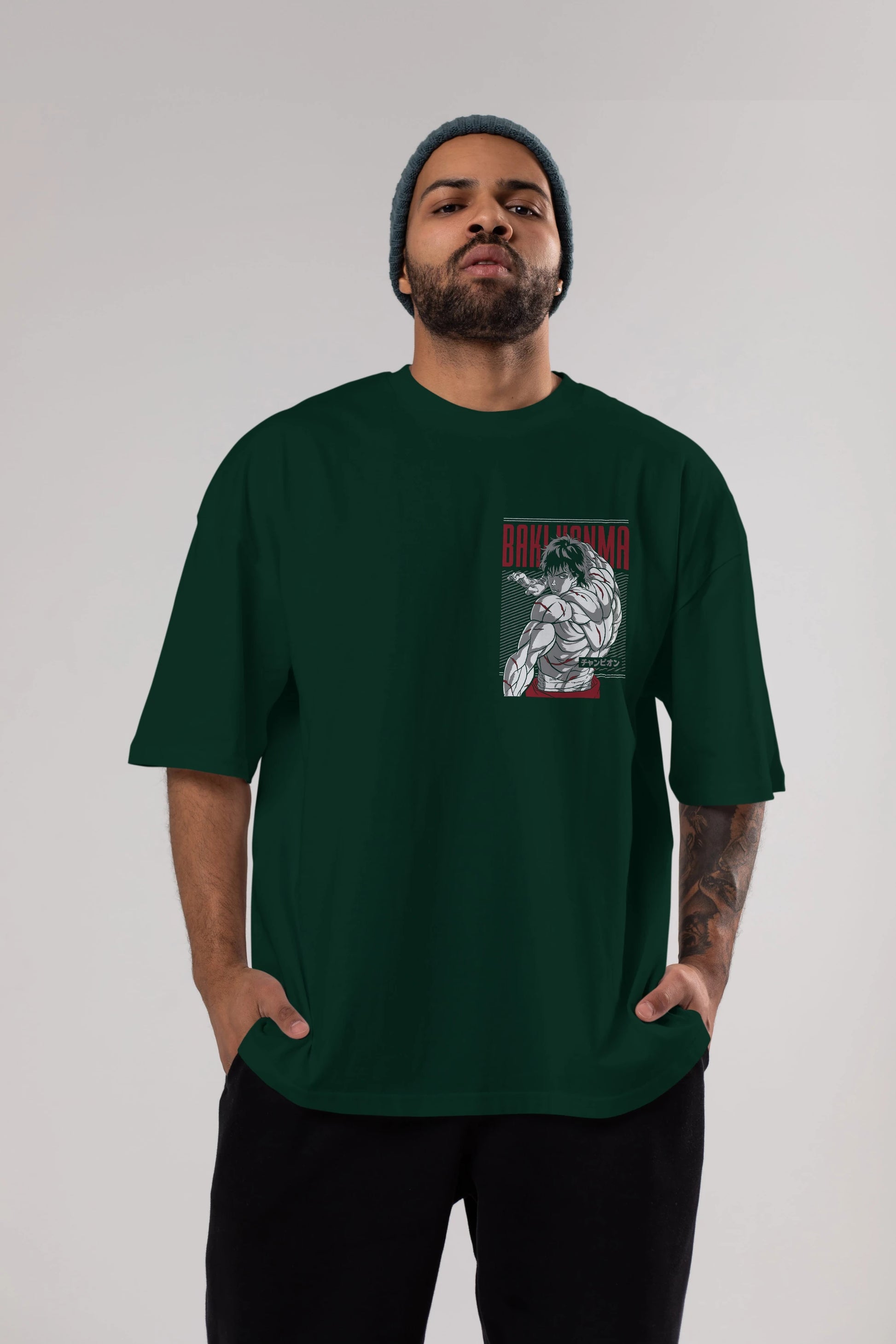 BAKI HANMA Ön Sol Baskılı Oversize t-shirt Erkek Kadın Unisex %100 Pamuk Bisiklet Yaka tişort