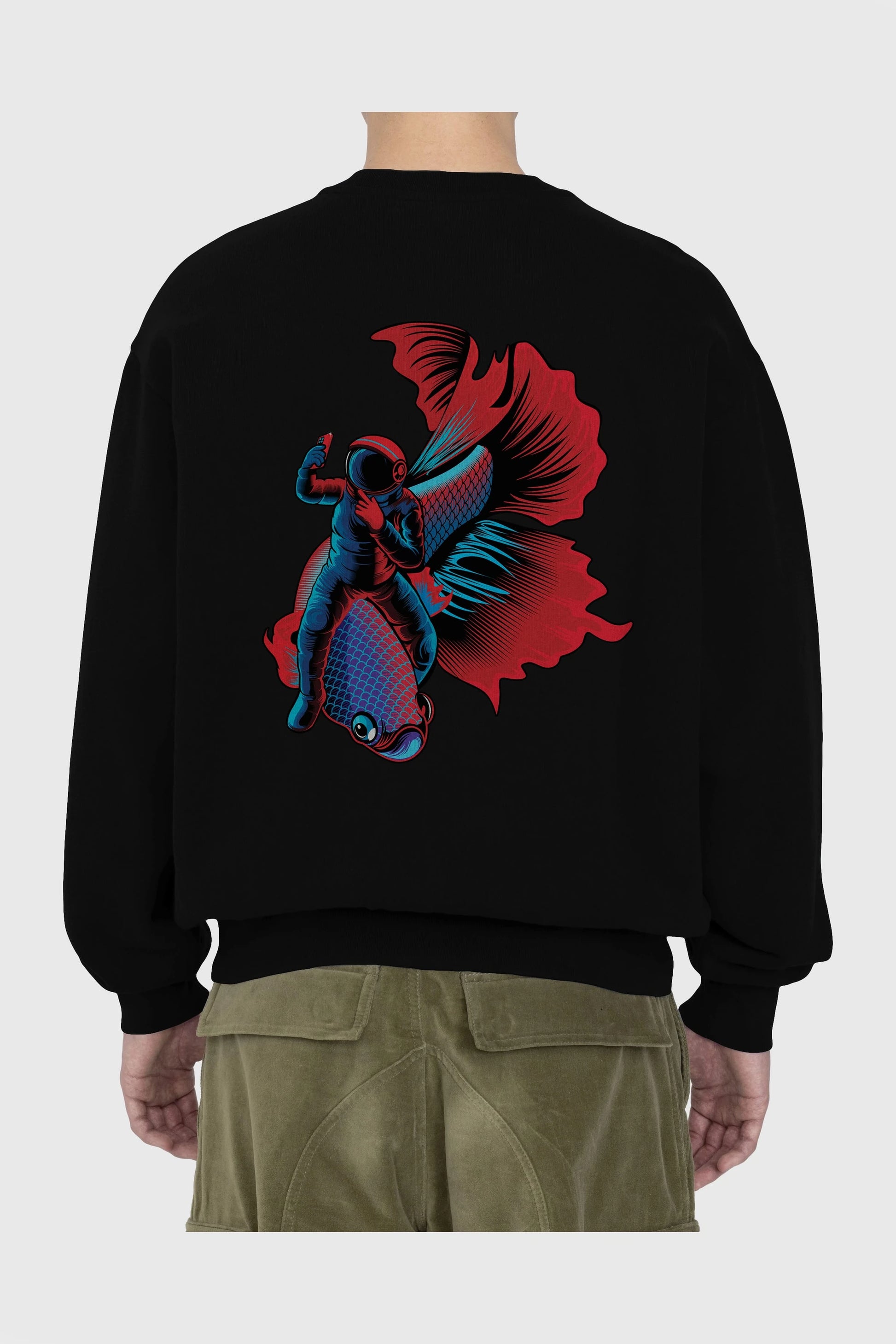 Astrofish selfie Arka Baskılı Oversize Sweatshirt Erkek Kadın Unisex