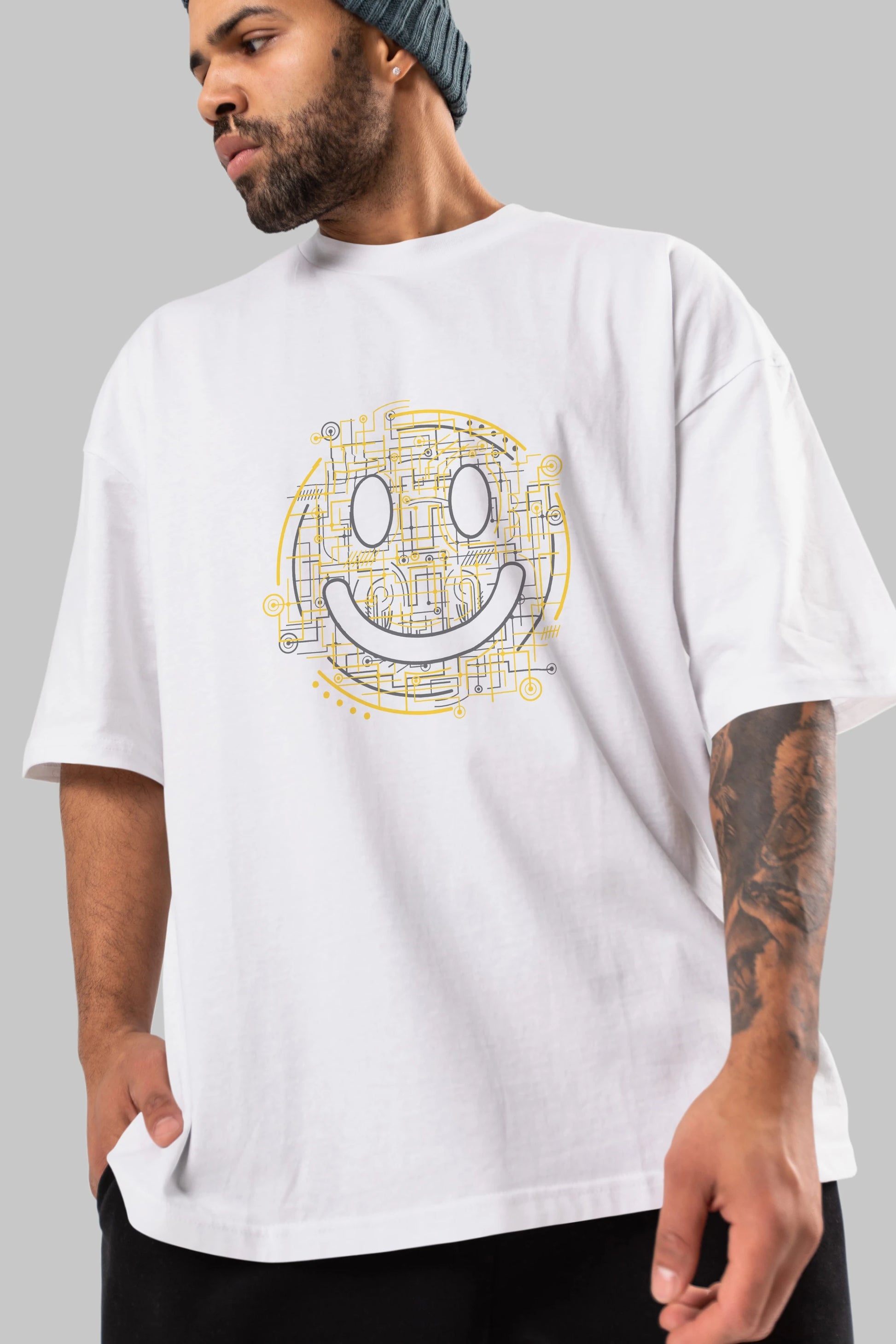 Electric Smiley Ön Baskılı Oversize t-shirt %100 pamuk Erkek Kadın Unisex