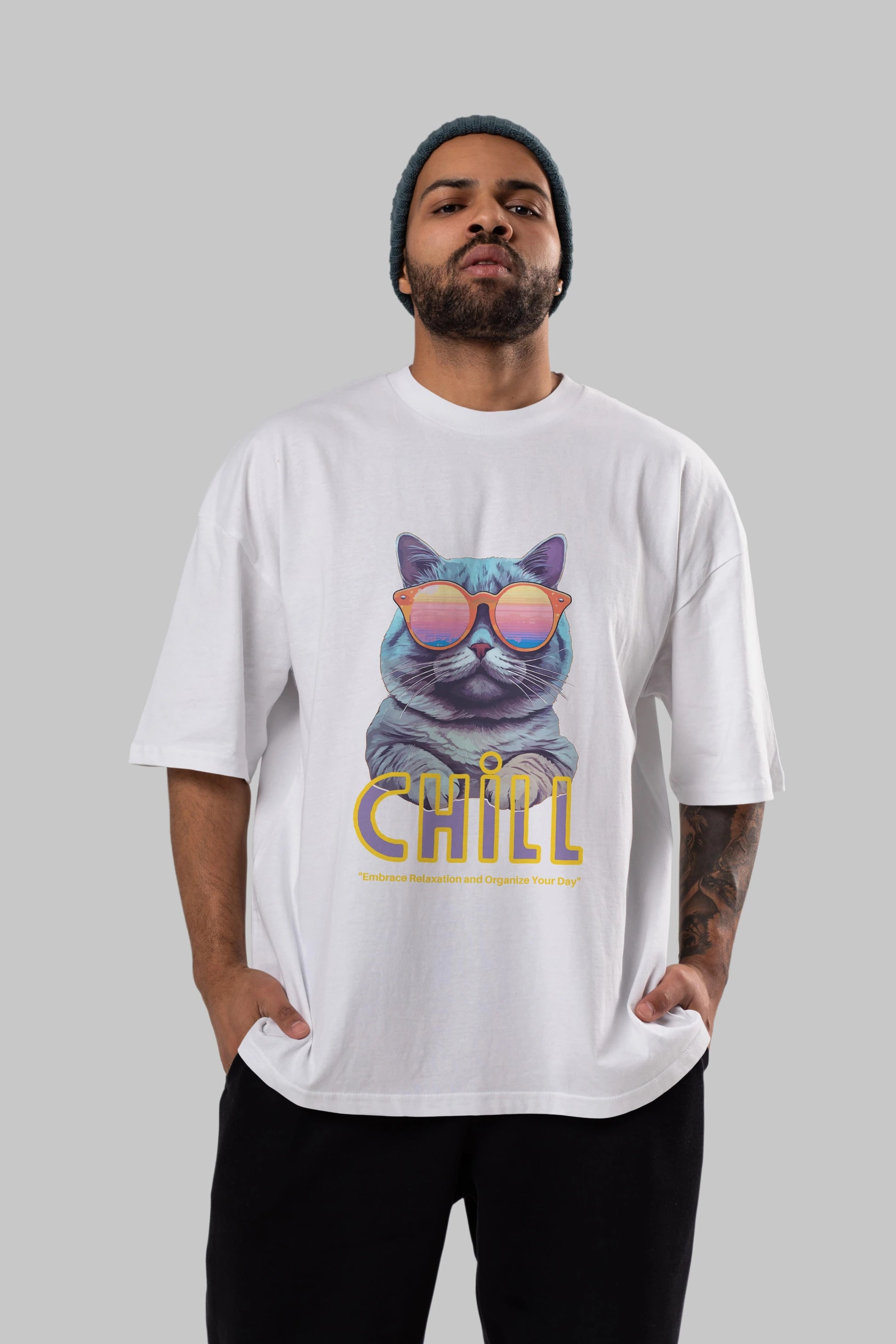 Chill Cat Ön Baskılı Oversize t-shirt Erkek Kadın Unisex