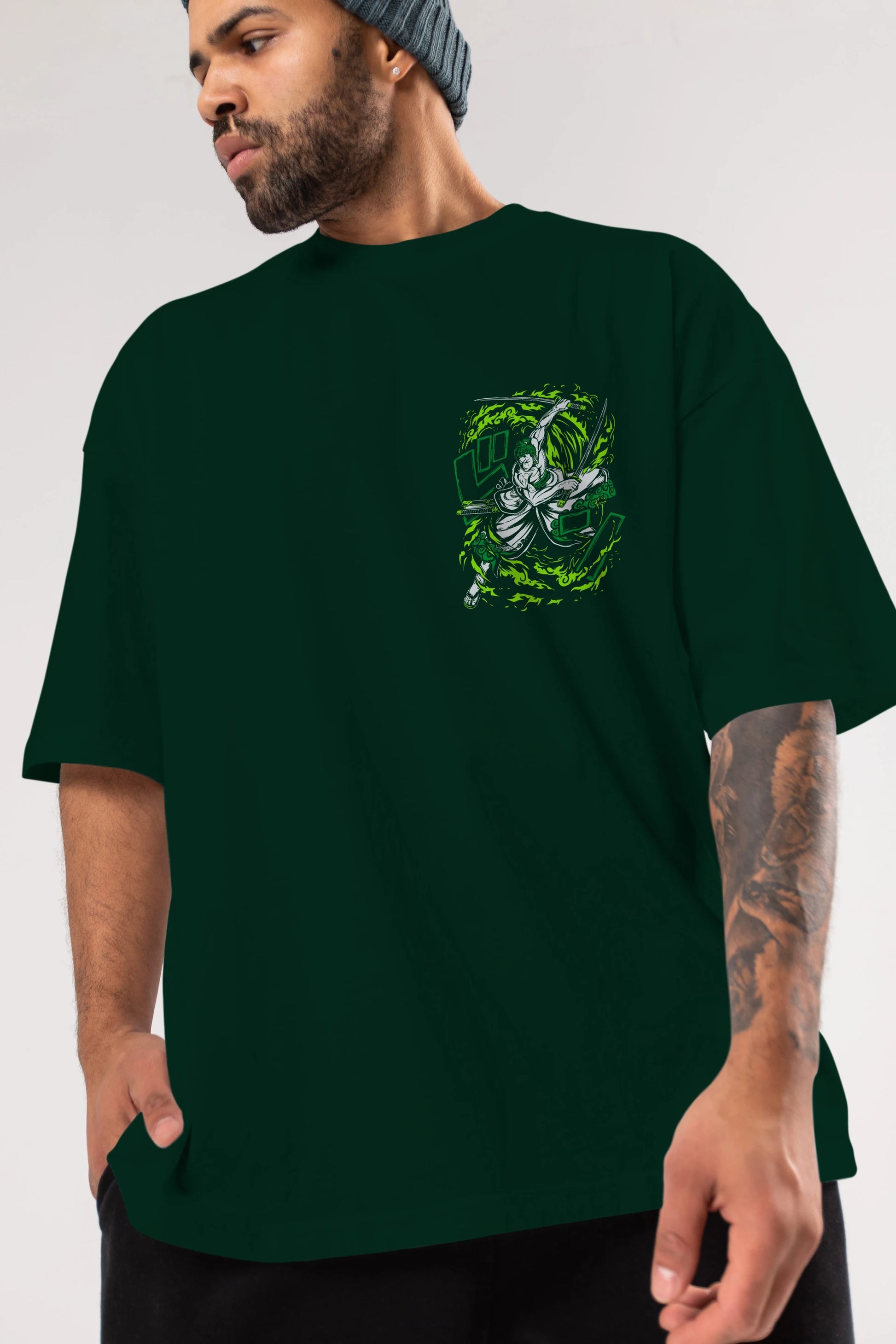 ZORO-ONE PIECE (2) Ön Sol Baskılı Oversize t-shirt Erkek Kadın Unisex %100 Pamuk Bisiklet Yaka tişort