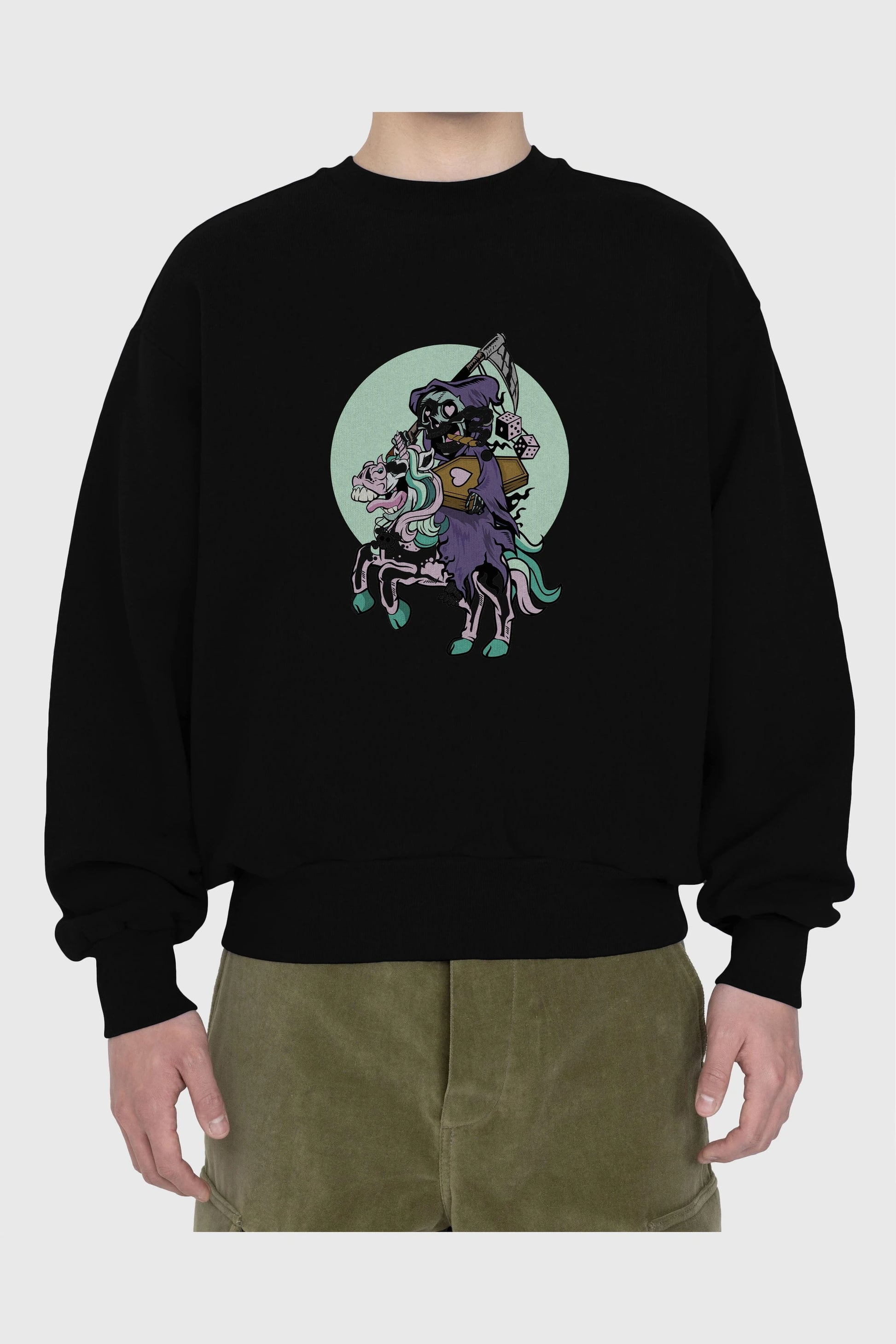 Grim Reaper Riding Unicorn Ön Baskılı Oversize Sweatshirt Erkek Kadın Unisex