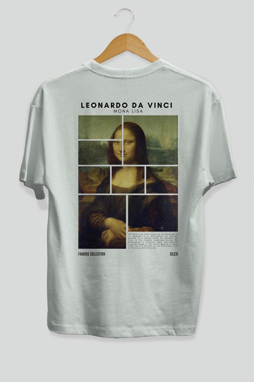 Leonardo Da Vinci Mona Lisa Arka Baskılı Oversize t-shirt Erkek Kadın Bisiklet Yaka Pamuk tişort