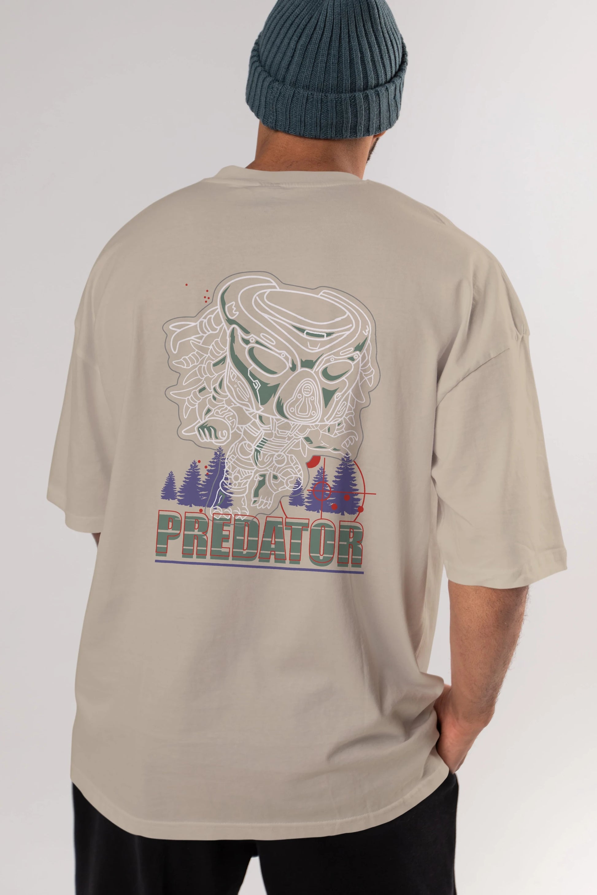 Predator Arka Baskılı Oversize t-shirt Erkek Kadın Unisex %100 Pamuk Bisiklet Yaka tişort