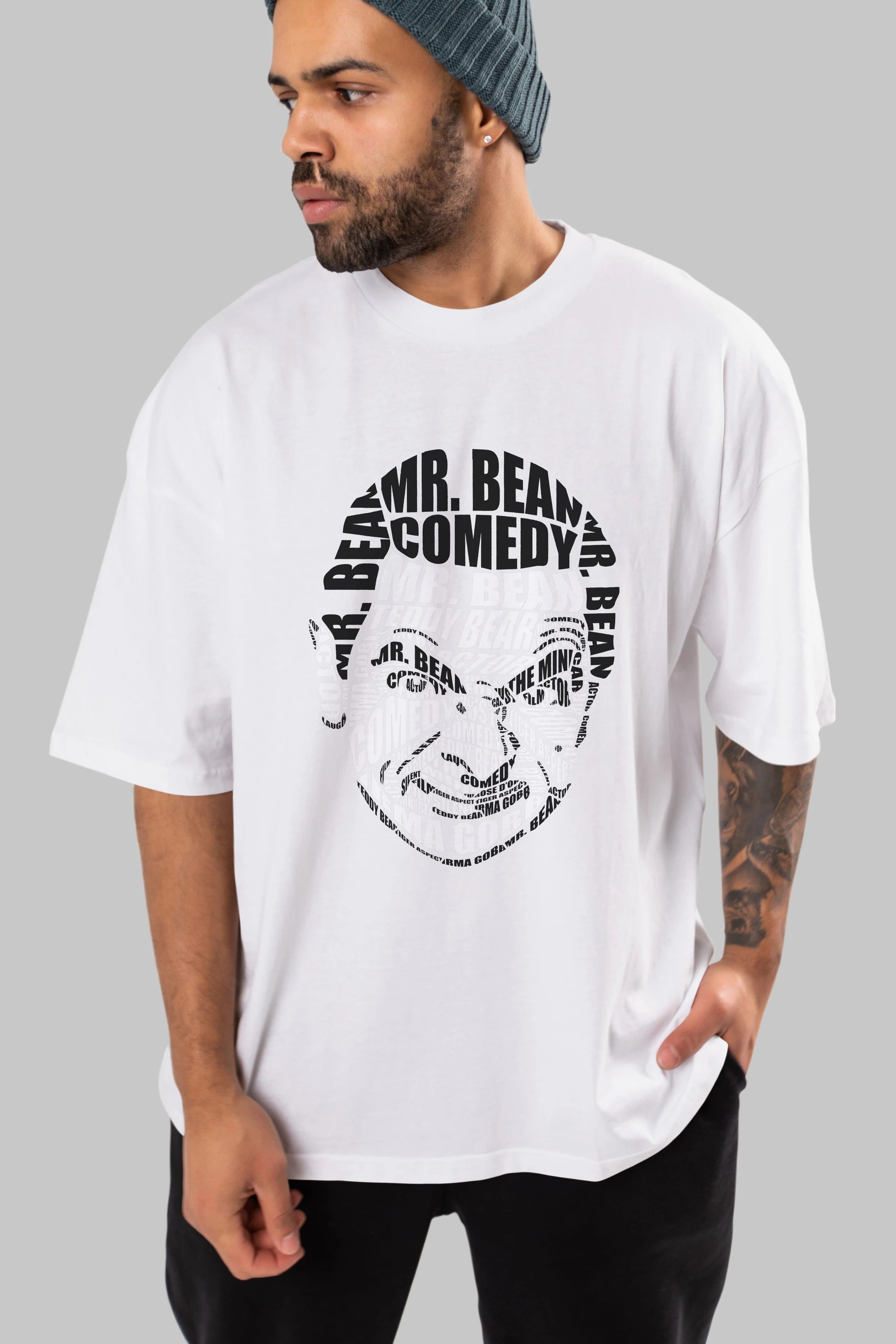 Mr Bean Calligram Ön Baskılı Oversize t-shirt %100 pamuk Erkek Kadın Unisex