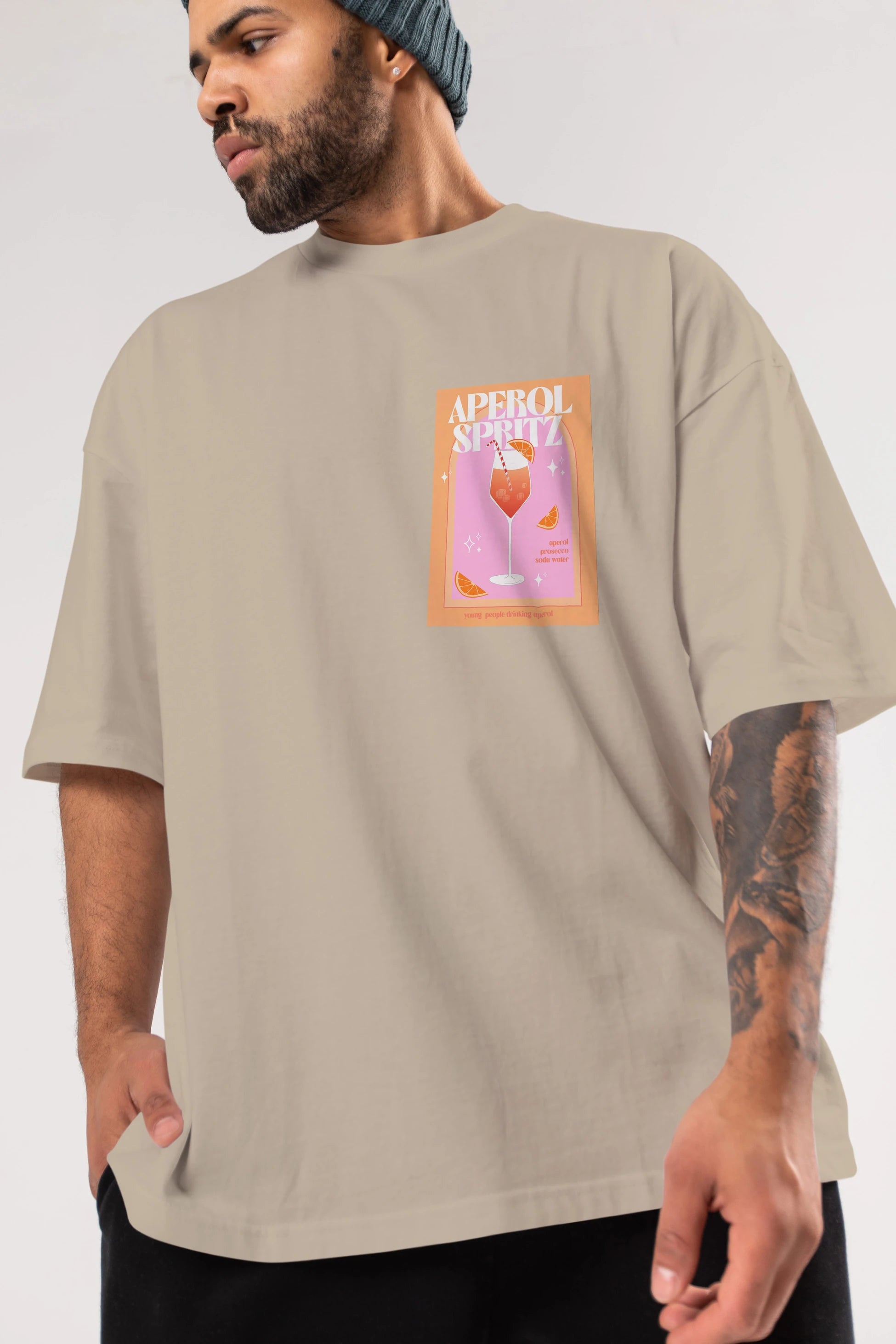 Aperol Spritz 2 Ön Sol Baskılı Oversize t-shirt Erkek Kadın Unisex %100 Pamuk Bisiklet Yaka tişort