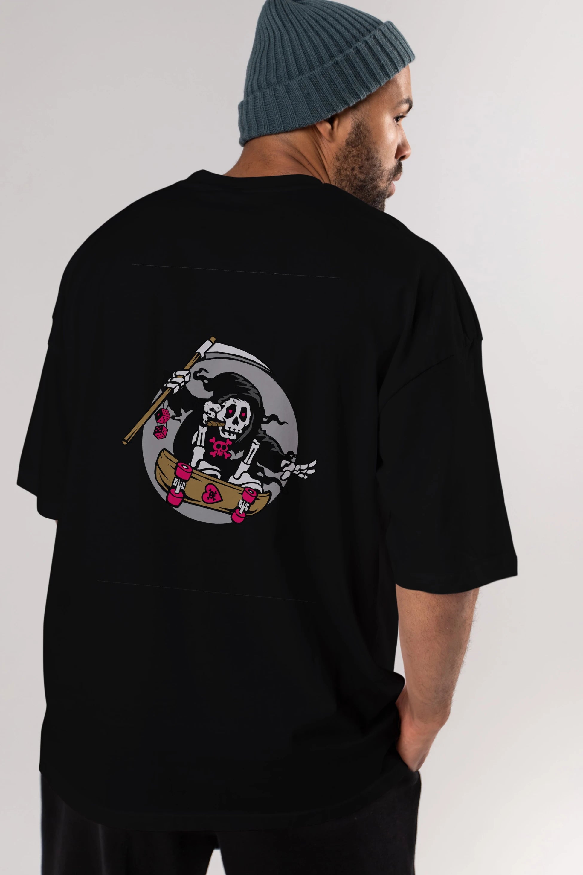 Grim Skater Arka Baskılı Oversize t-shirt Erkek Kadın Unisex %100 Pamuk tişort