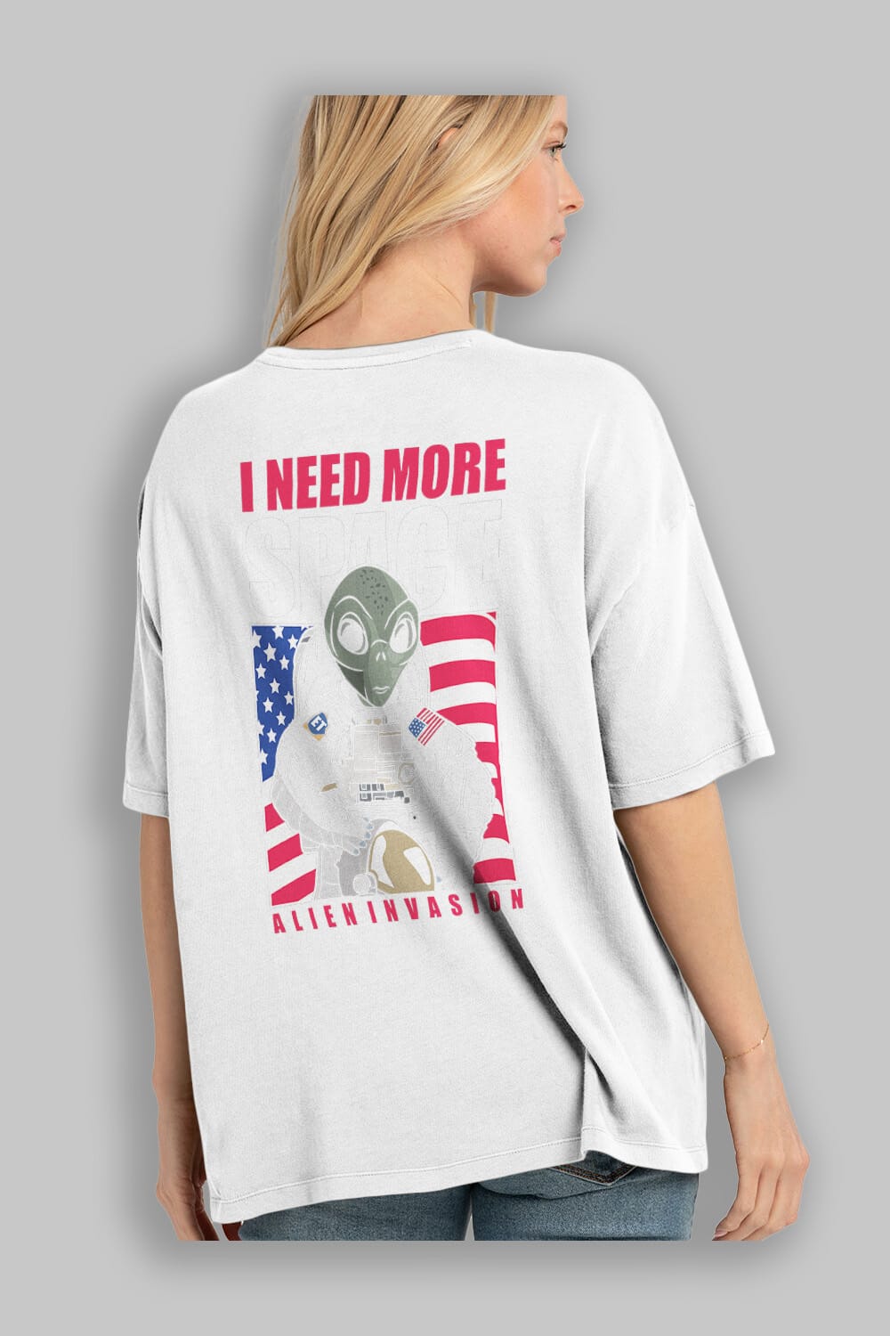 Alien Astronaut Arka Baskılı Oversize t-shirt Erkek Kadın Unisex %100 Pamuk tişort