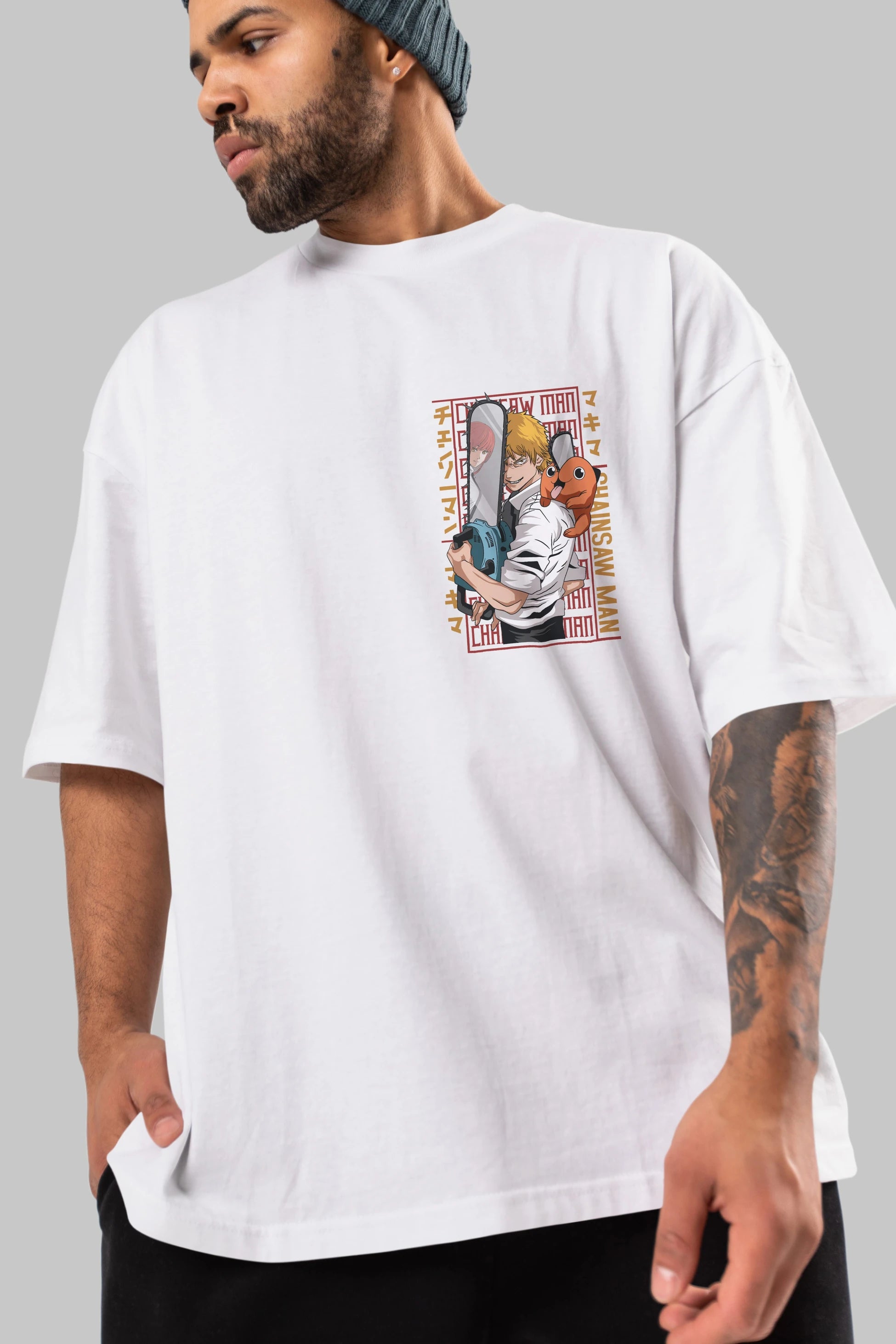 Chainsaw DENJI Ön Sol Baskılı Oversize t-shirt Erkek Kadın Unisex %100 Pamuk Bisiklet Yaka tişort
